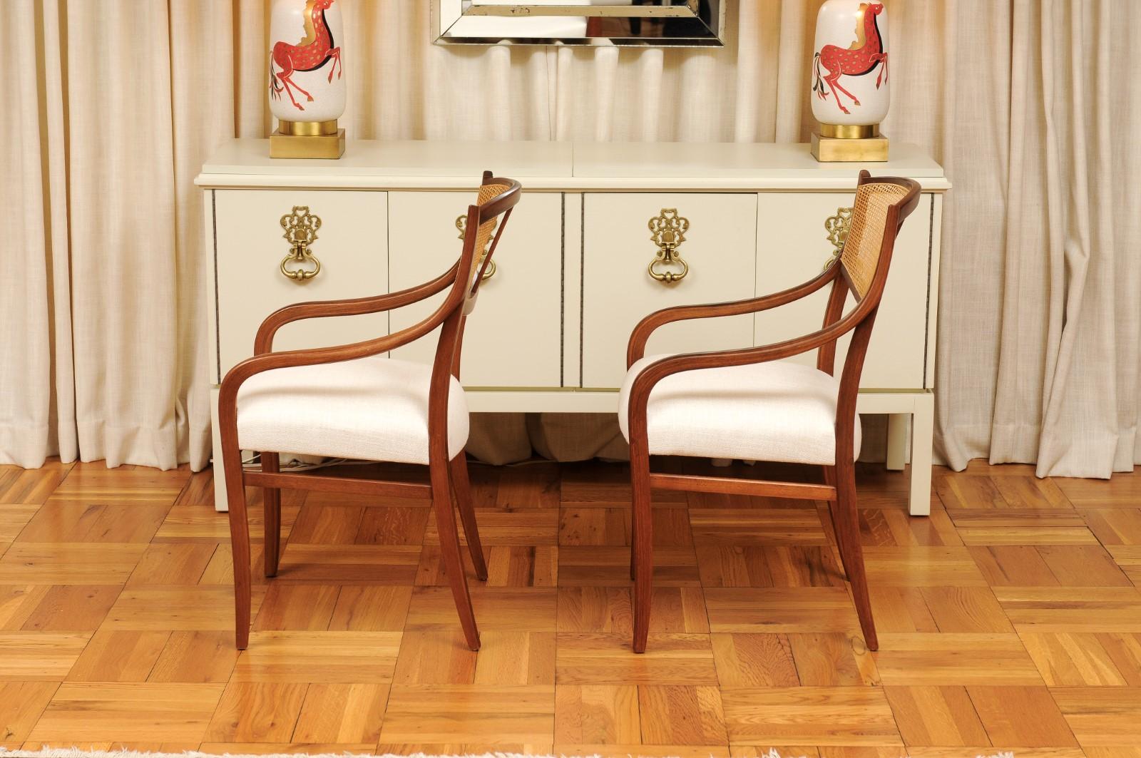 Breathtaking ALL ARMS Set of 8 Walnut Cane Dining Chairs by Barney Flagg, c 1960 For Sale 2