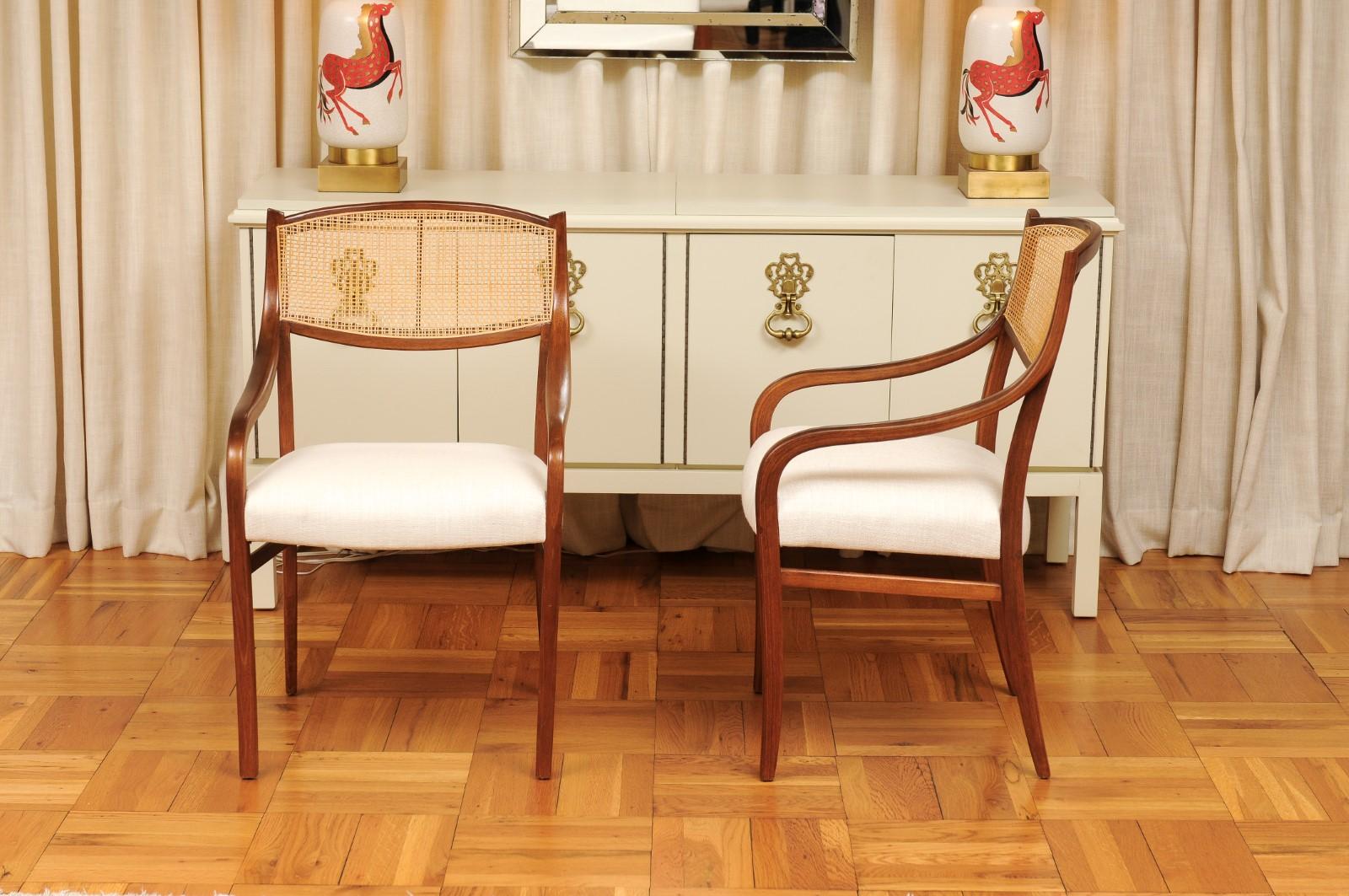 Breathtaking ALL ARMS Set of 8 Walnut Cane Dining Chairs by Barney Flagg, c 1960 For Sale 3