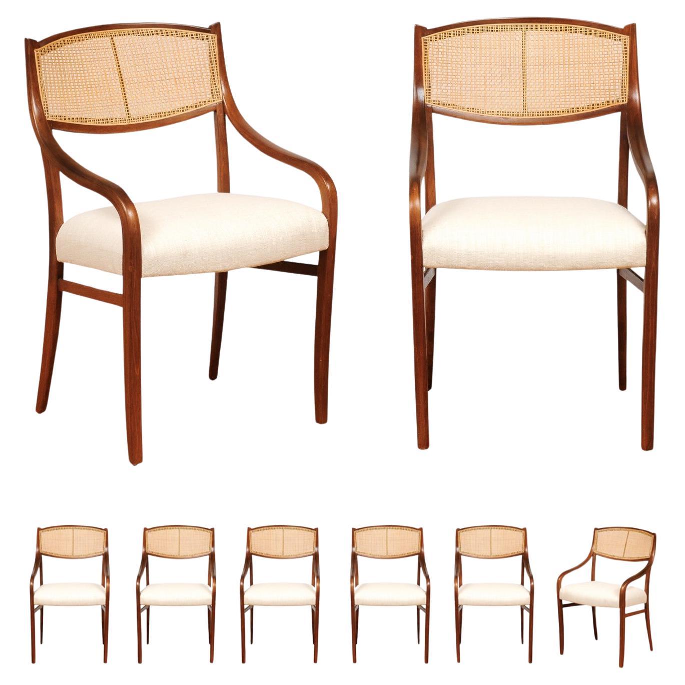 Breathtaking ALL ARMS Set of 8 Walnut Cane Dining Chairs by Barney Flagg, c 1960