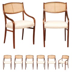 Breathtaking ALL ARMS Set of 8 Walnut Cane Dining Chairs by Barney Flagg, c 1960