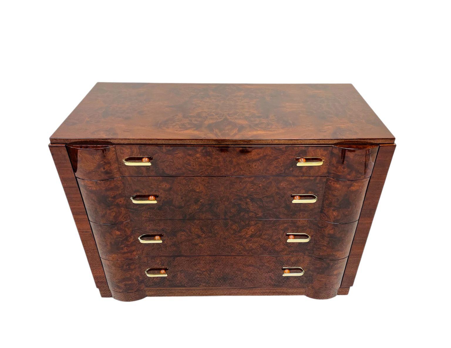 Breathtaking Art Deco Burl Commode With Unique Bakelite, Brass Hardware C.1930 5