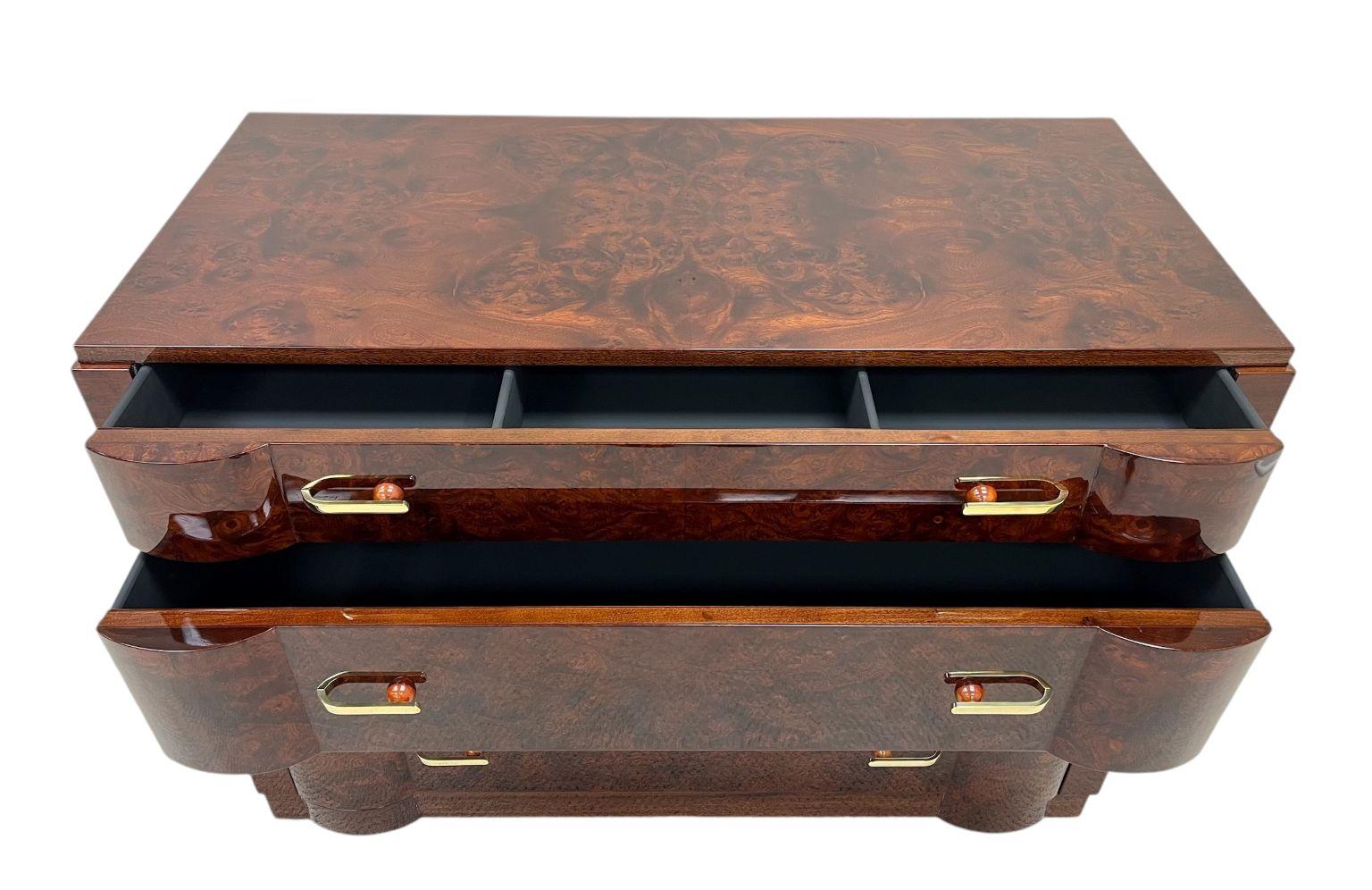 Breathtaking Art Deco Burl Commode With Unique Bakelite, Brass Hardware C.1930 7