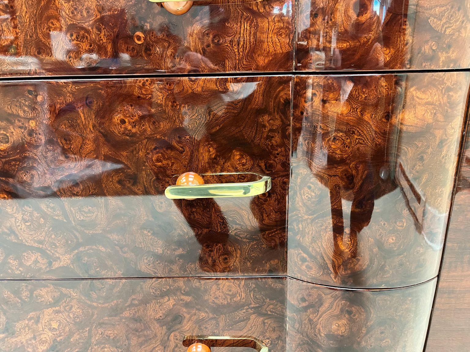 Breathtaking Art Deco Burl Commode With Unique Bakelite, Brass Hardware C.1930 8