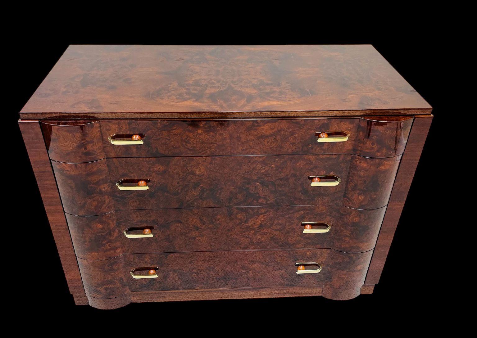 Polished Breathtaking Art Deco Burl Commode With Unique Bakelite, Brass Hardware C.1930