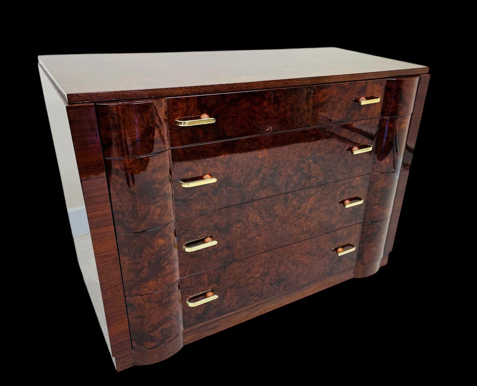 Breathtaking Art Deco Burl Commode With Unique Bakelite, Brass Hardware C.1930 In Excellent Condition In Bernville, PA