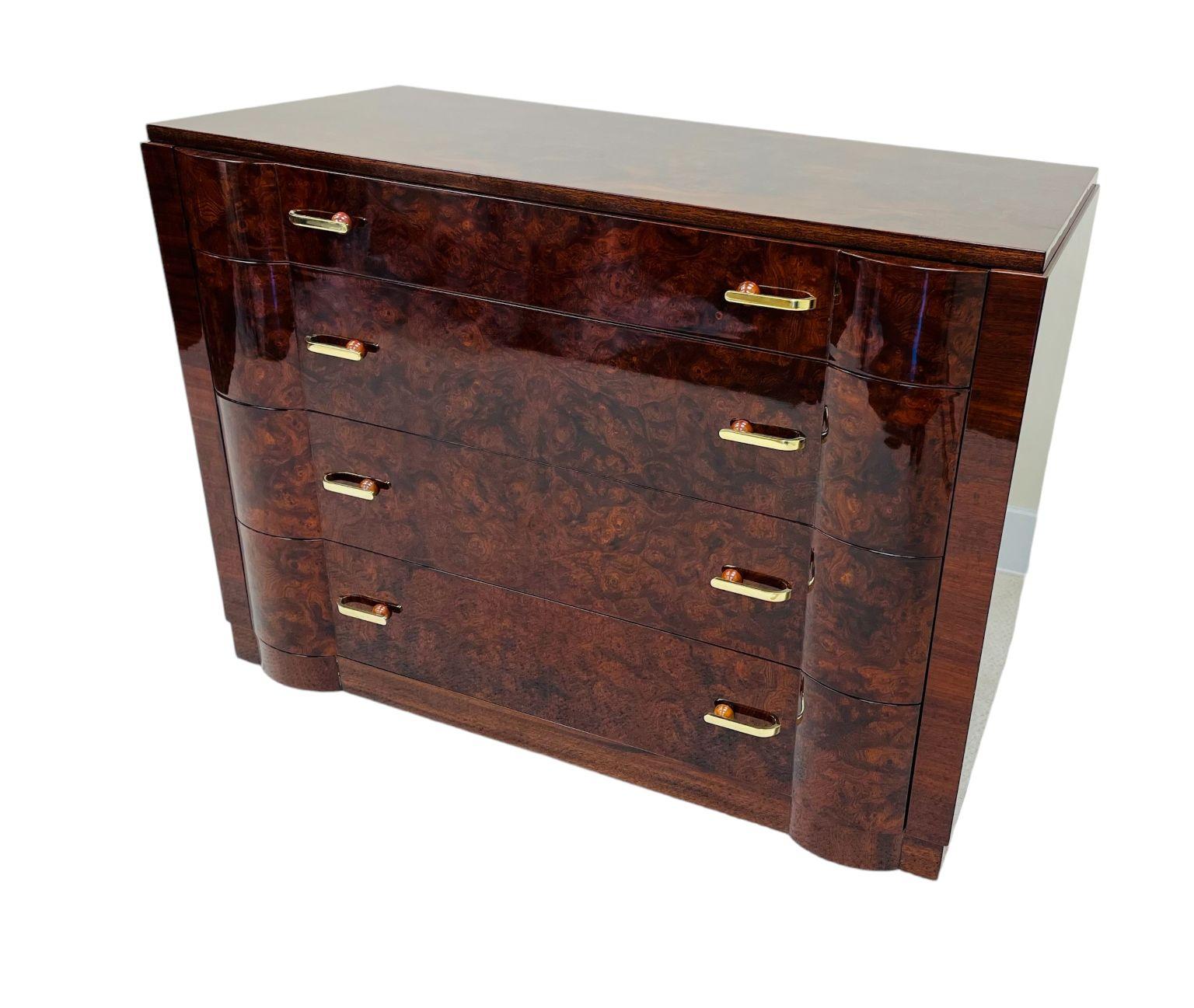 Mid-20th Century Breathtaking Art Deco Burl Commode With Unique Bakelite, Brass Hardware C.1930