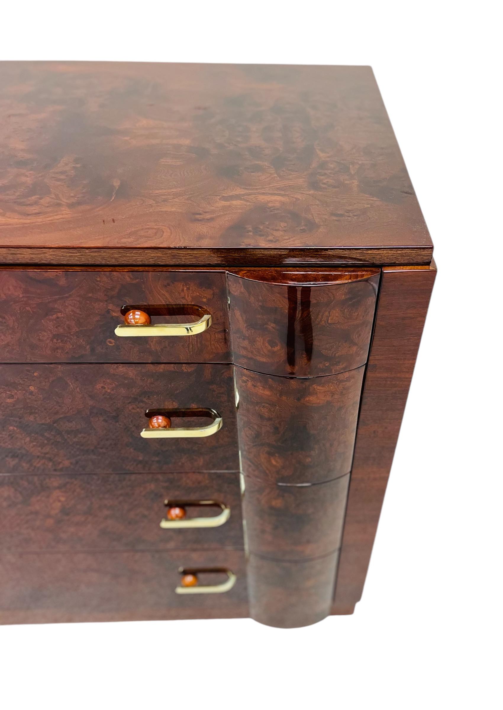 Breathtaking Art Deco Burl Commode With Unique Bakelite, Brass Hardware C.1930 1