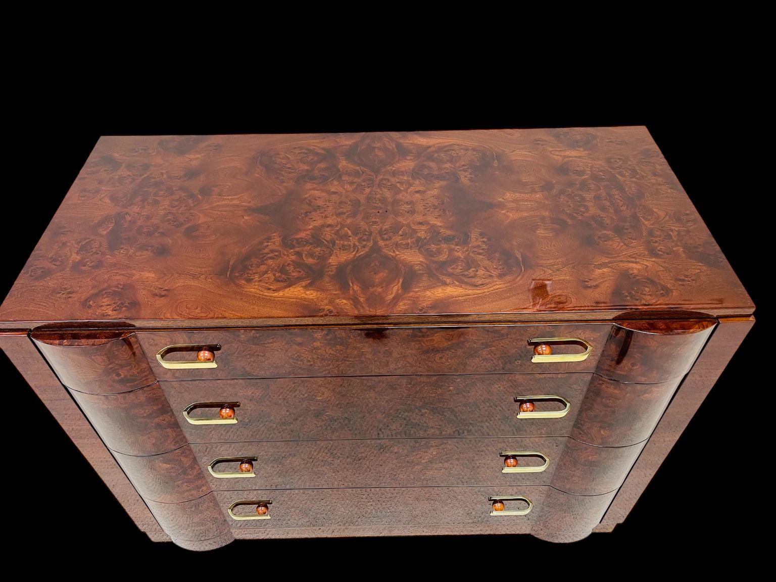 Breathtaking Art Deco Burl Commode With Unique Bakelite, Brass Hardware C.1930 2