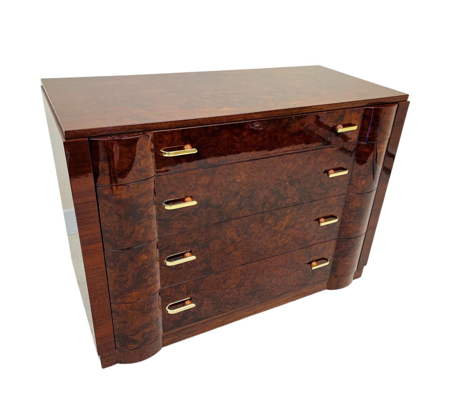 Breathtaking Art Deco Burl Commode With Unique Bakelite, Brass Hardware C.1930 3