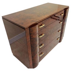 Breathtaking Art Deco Burl Commode With Unique Bakelite, Brass Hardware C.1930