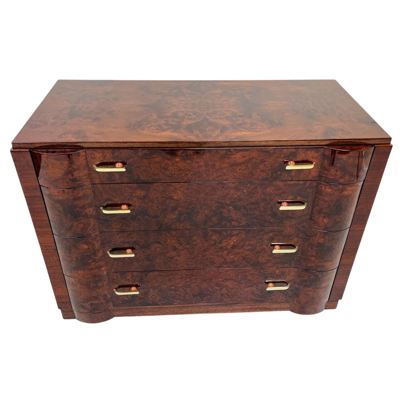American Breathtaking Art Deco Burl Commode With Unique Bakelite, Brass Hardware C.1930