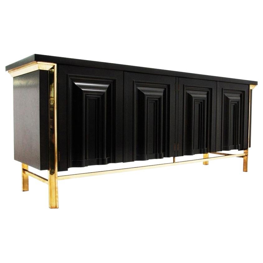 Breathtaking Black Lacquered and Brass Credenza or Sideboard by Mastercraft