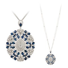 Breathtaking Blue Sapphire 14, 45 Karat Diamond White 18K Gold Necklace for Her