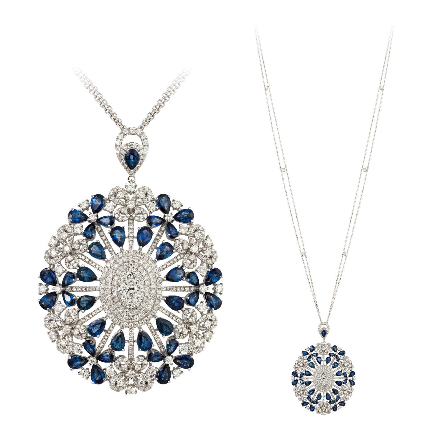 Emerald Cut Breathtaking Blue Sapphire 14, 45 Karat Diamond White 18K Gold Necklace for Her For Sale