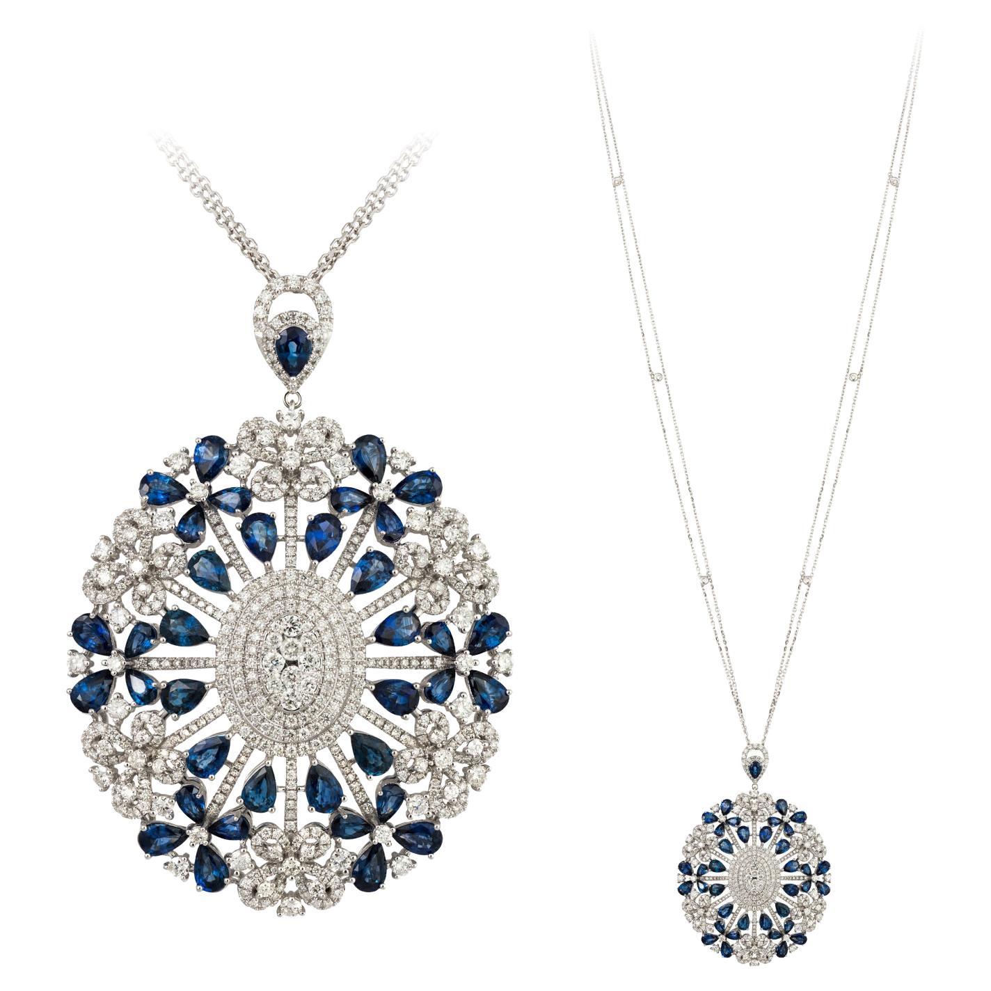 Breathtaking Blue Sapphire 14, 45 Karat Diamond White 18K Gold Necklace for Her For Sale