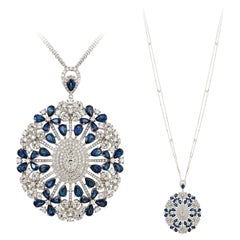 Breathtaking Blue Sapphire 14, 45 Karat Diamond White 18K Gold Necklace for Her