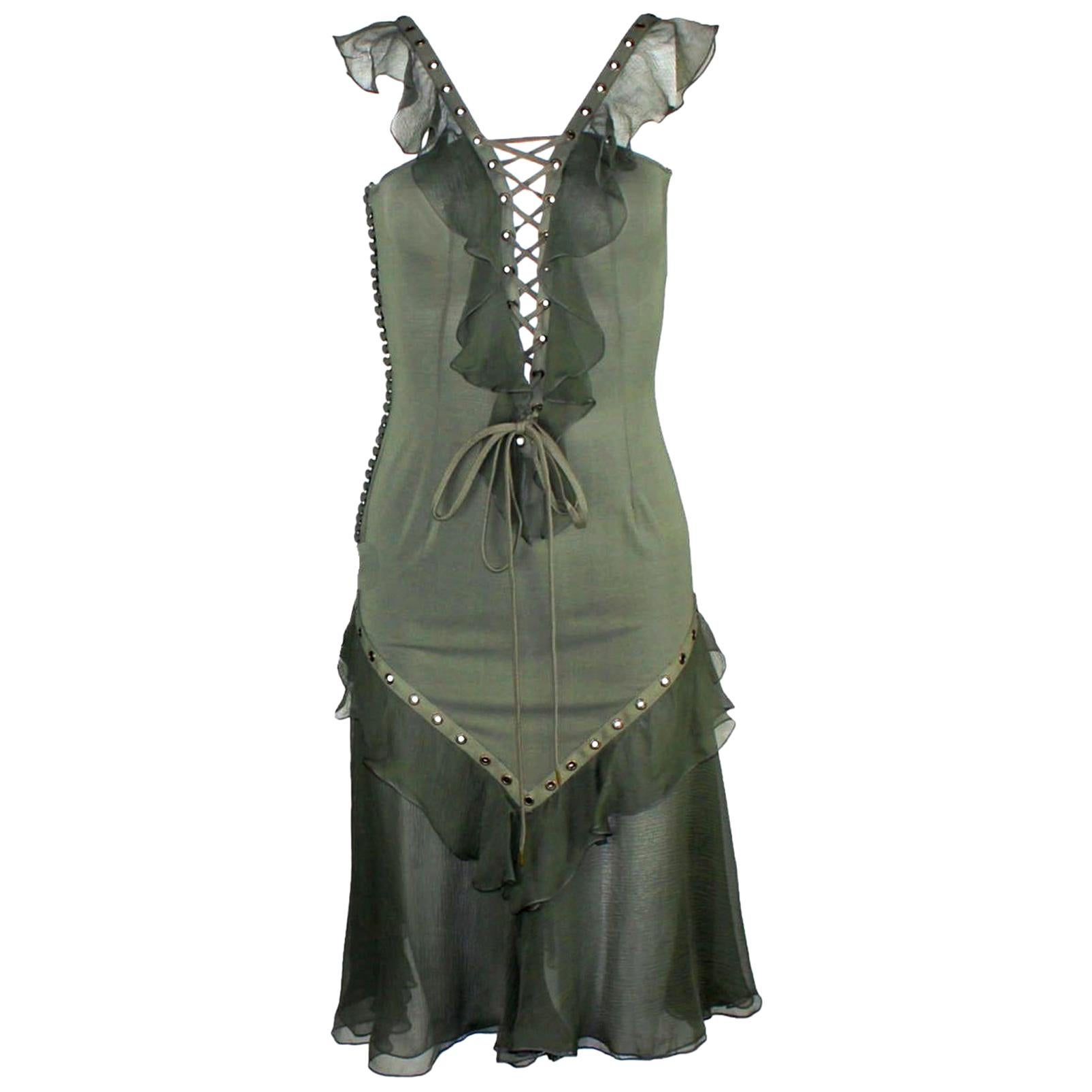 UNWORN Christian Dior by John Galliano Deep Cleavage Laceup Silk Dress 34 For Sale