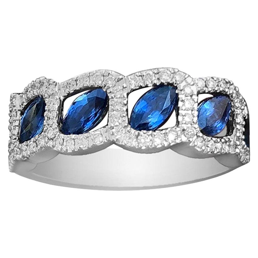 Breathtaking Classic Blue Sapphire Diamond White Gold Wedding Band for Her