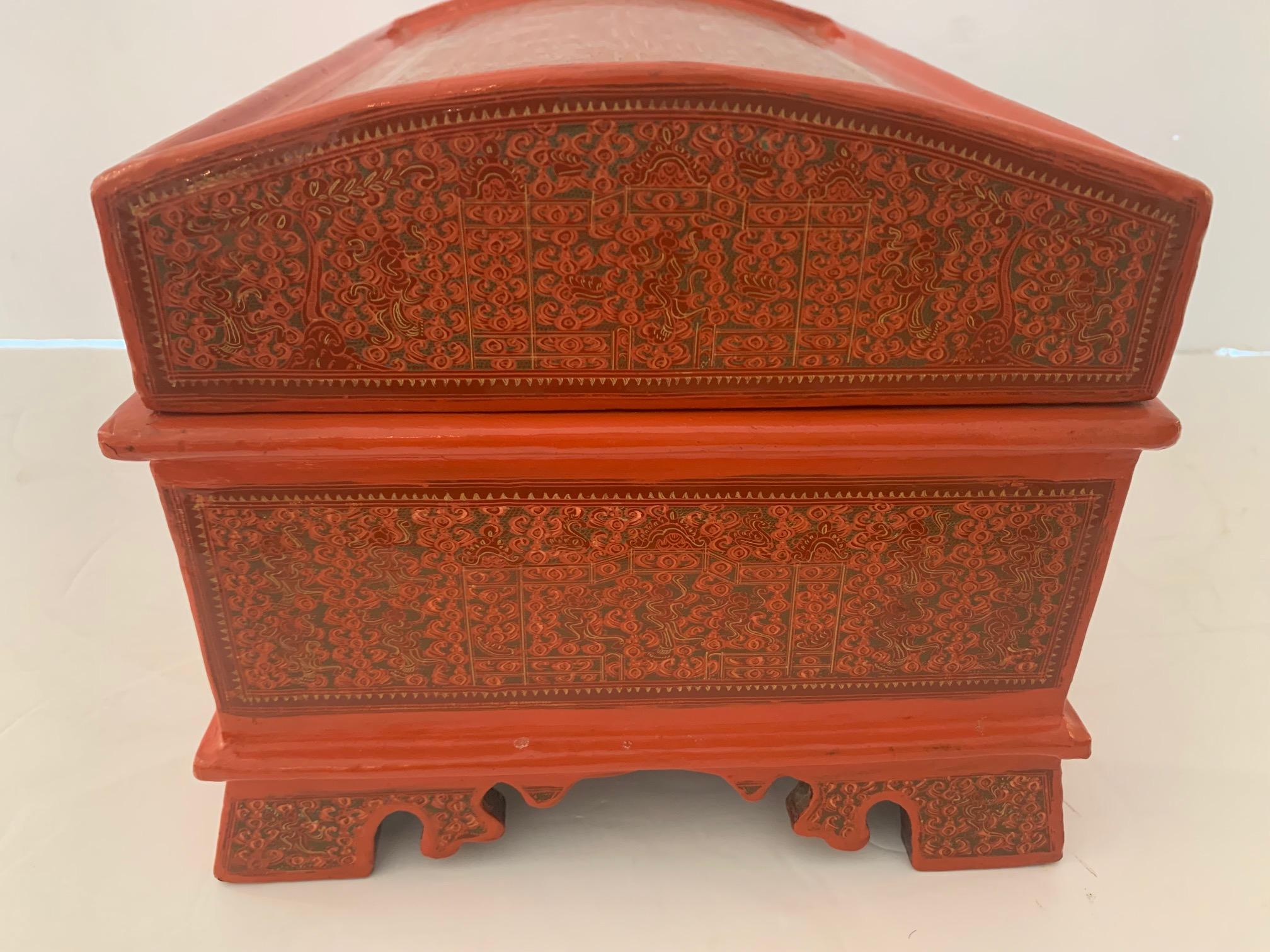 Breathtaking Coral Hand Painted Laquered Asian Dome Box For Sale 5