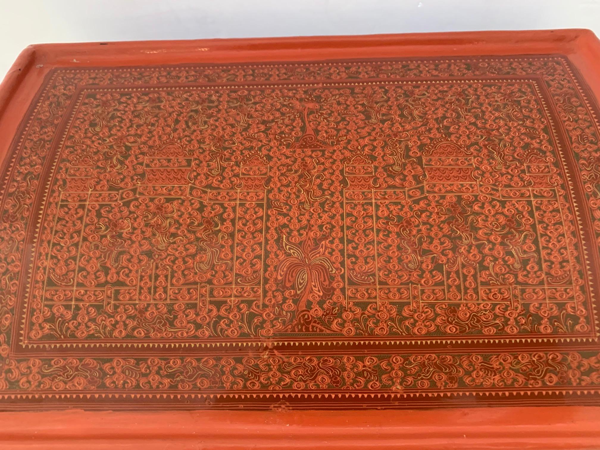 Breathtaking Coral Hand Painted Laquered Asian Dome Box For Sale 6