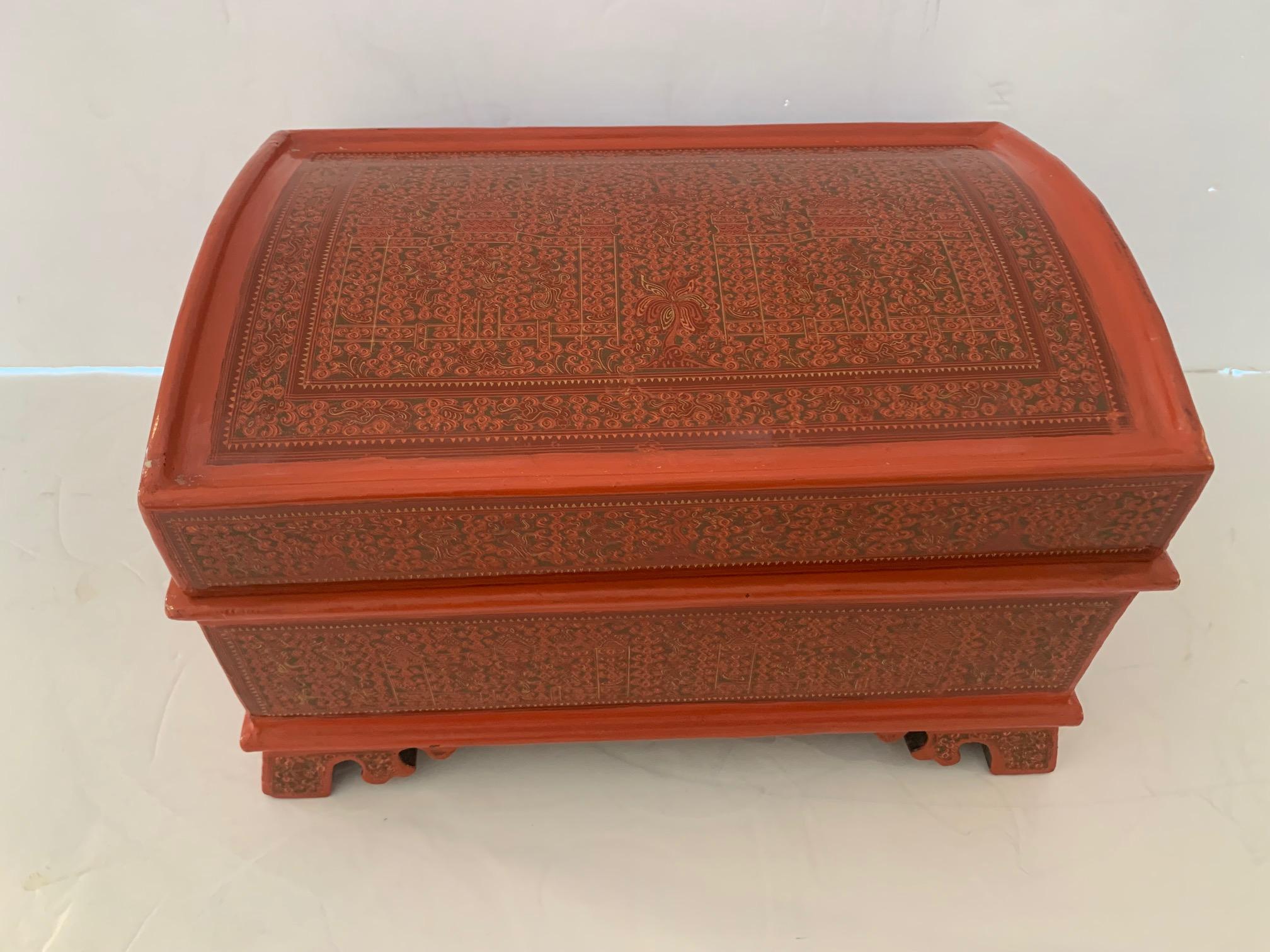 Breathtaking Coral Hand Painted Laquered Asian Dome Box For Sale 7