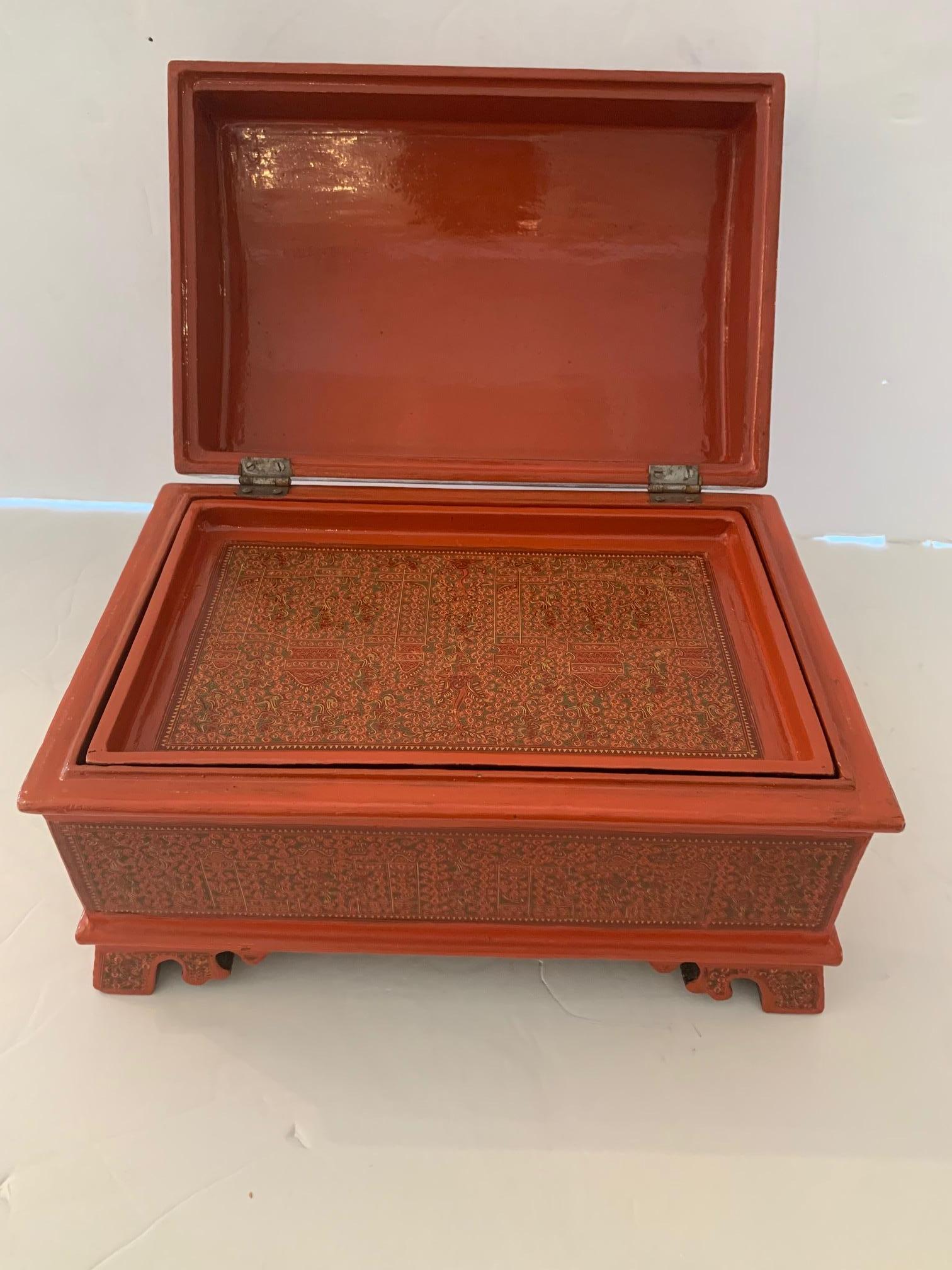 A gorgeous decorative Asian box in a striking coral laquer with meticulously hand painted decoration. The top is dome shaped and opens to reveal a removable tray inside. The lovely shaped feet and intricacy of embellishment make this a true treasure