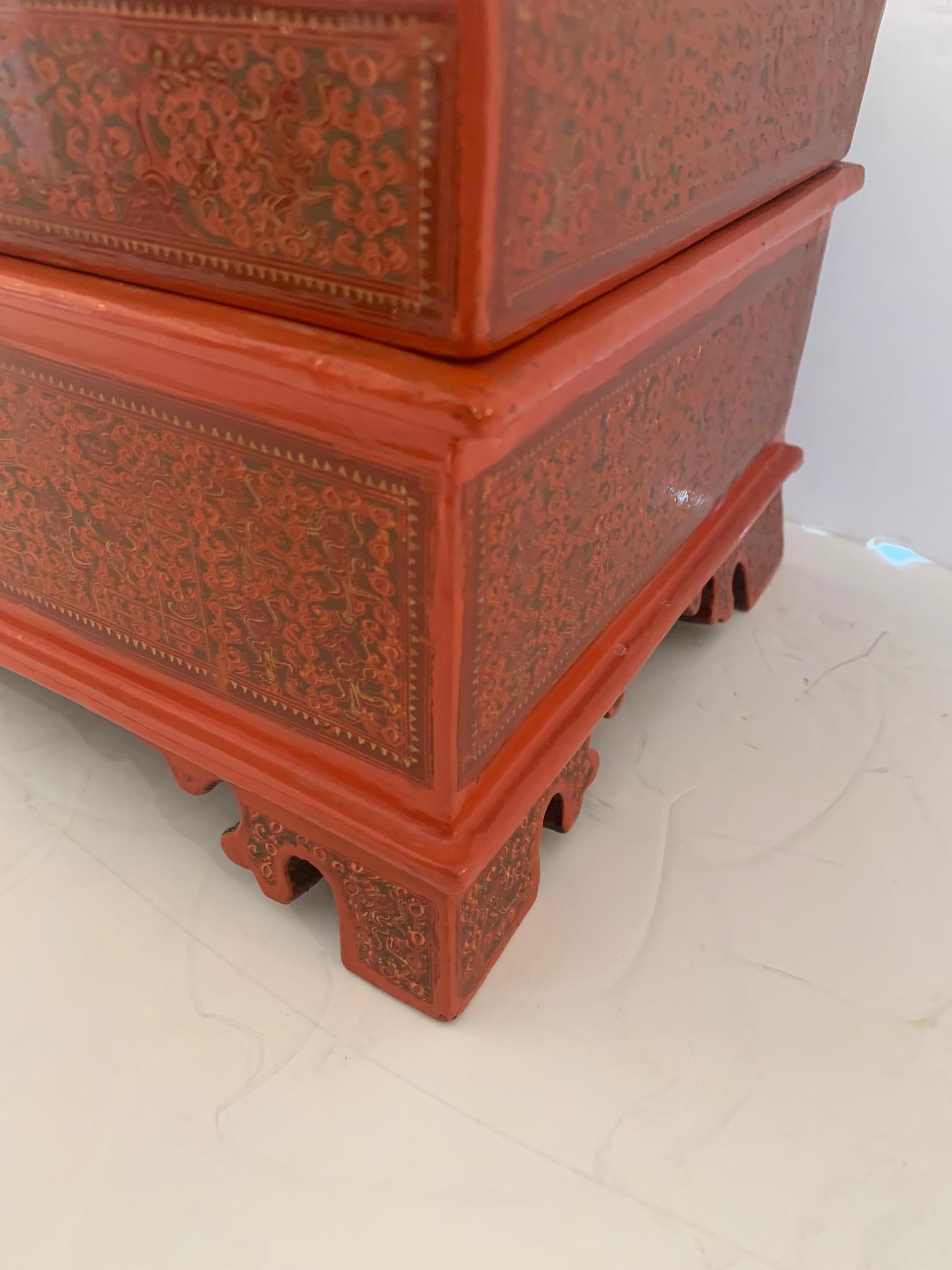Breathtaking Coral Hand Painted Laquered Asian Dome Box For Sale 2