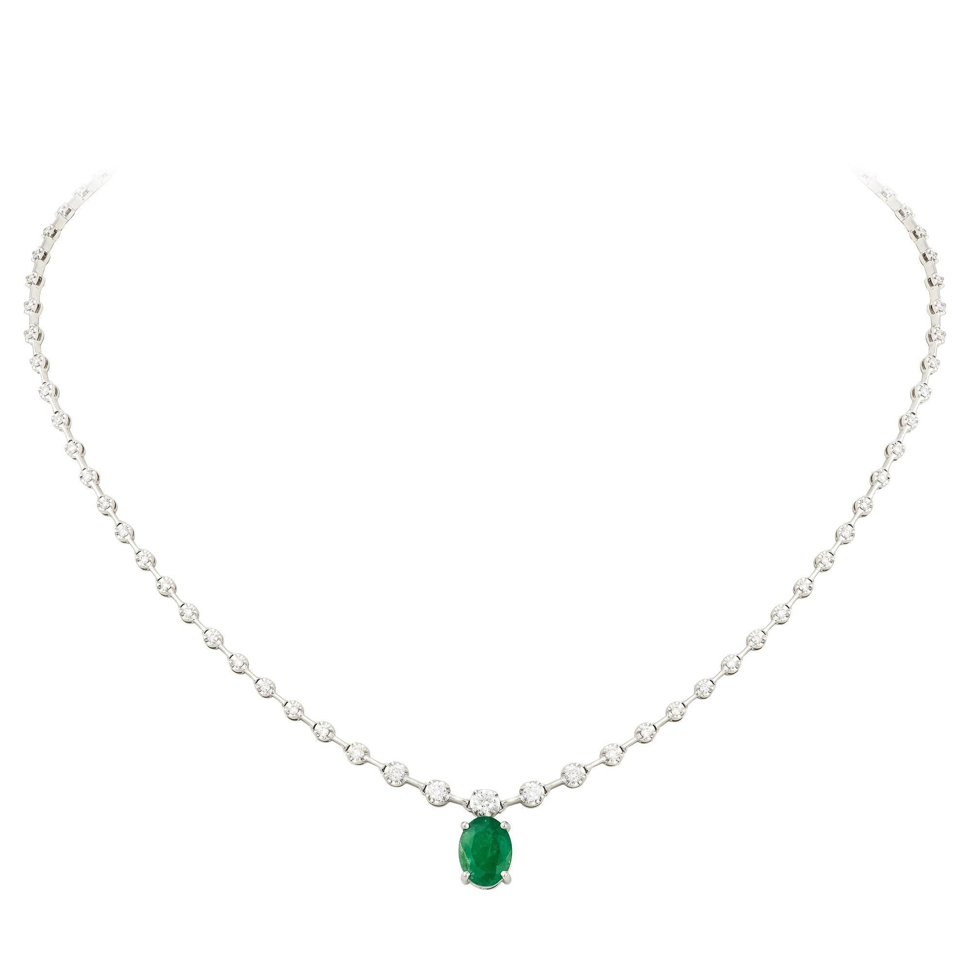 NECKLACE 18K White Gold Diamond 1.67 Cts/77 Pcs Emerald 3.58 Cts/1 Pcs
