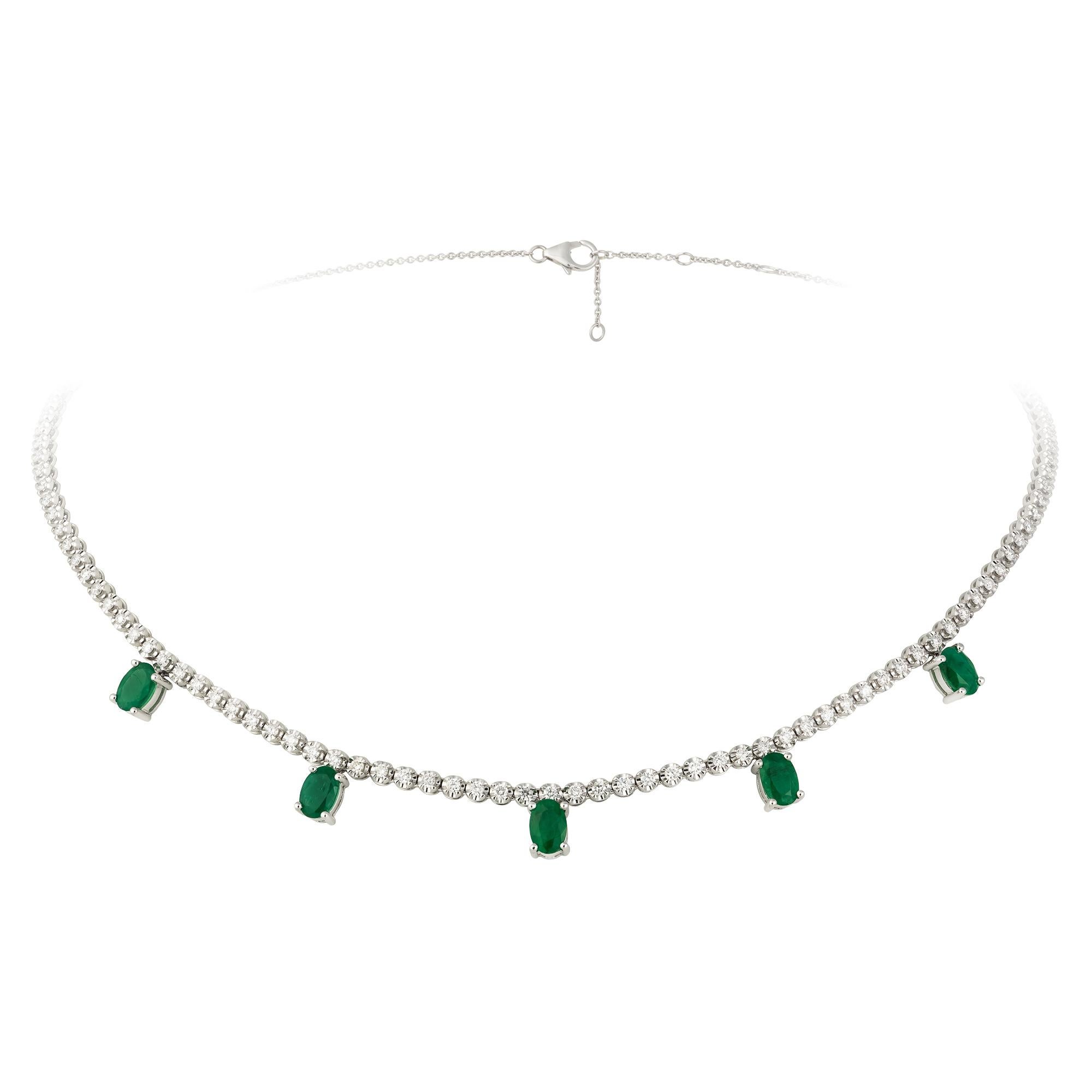 NECKLACE 18K White Gold Diamond 1.18 Cts/83 Pcs Emerald 2.16 Cts/5 Pcs
