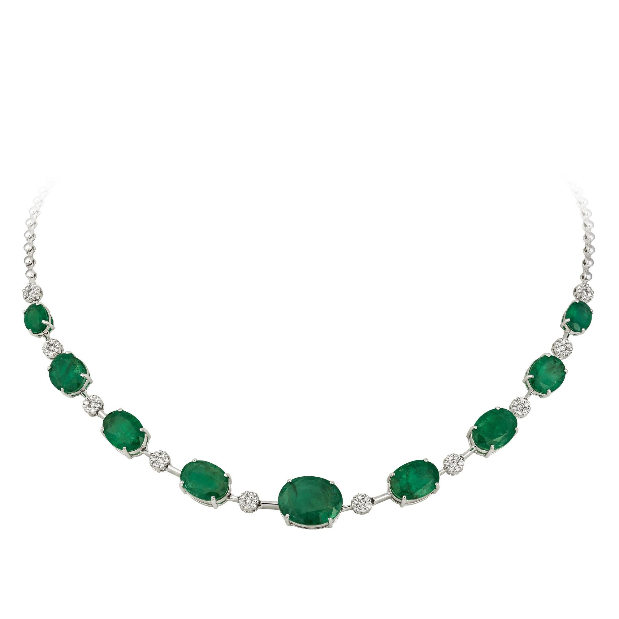 NECKLACE 18K White Gold Diamond 1.07 Cts/70 Pcs Emerald 27.34 Cts/9 Pcs