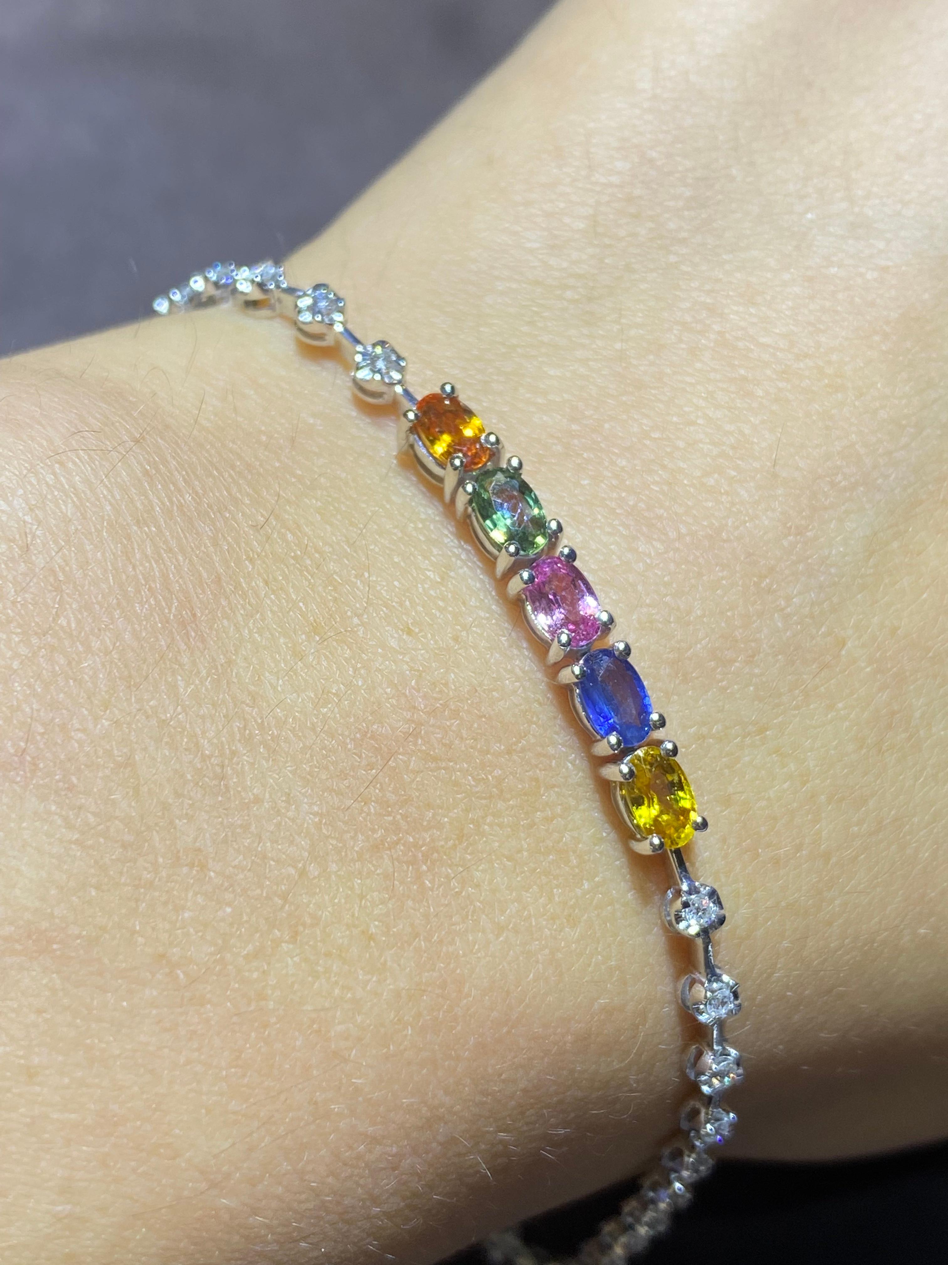 Round Cut Breathtaking Diamond Multi Sapphire White 18K Gold Bracelet for Her