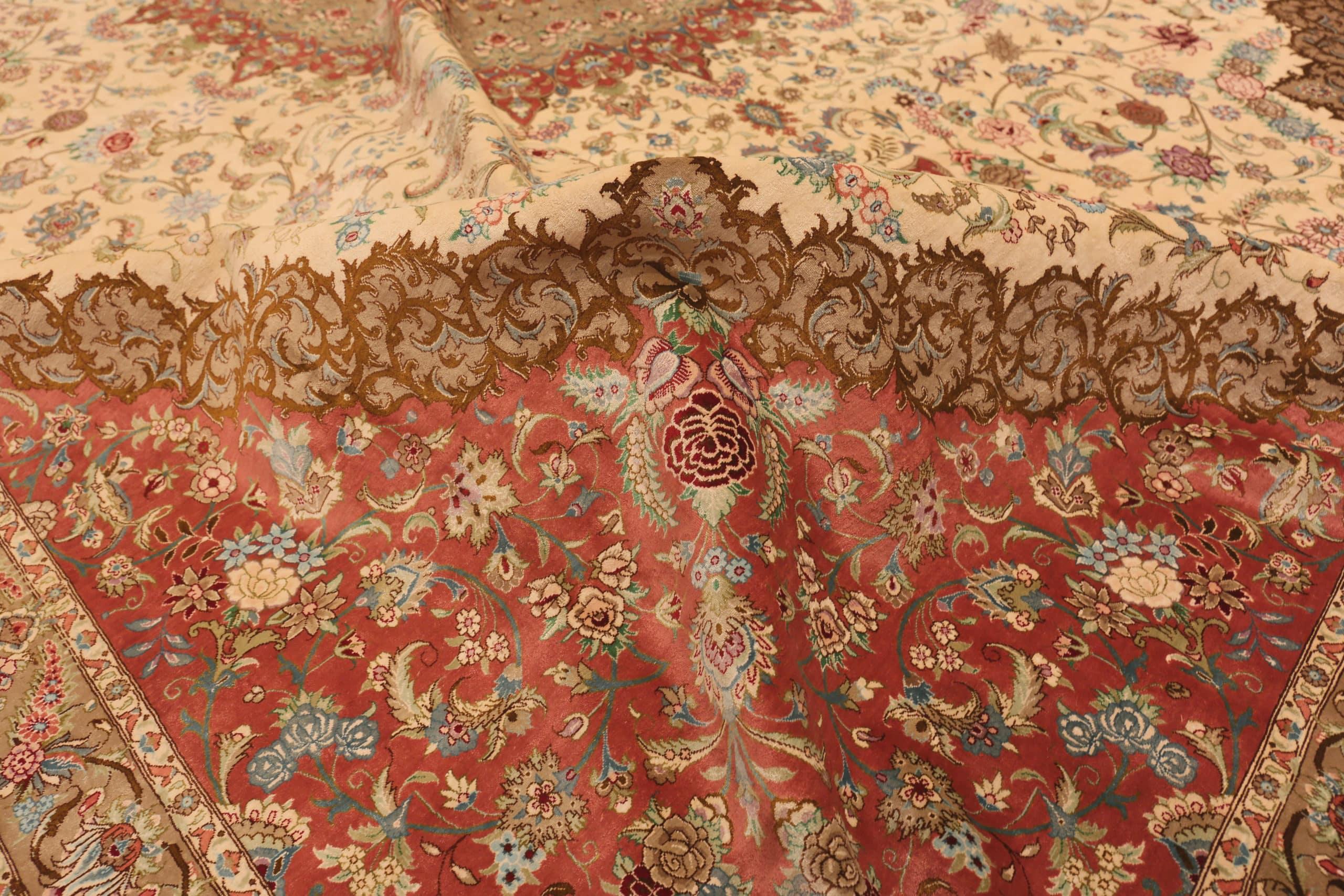 20th Century Breathtaking Fine Floral Medallion Vintage Persian Silk Qum Rug 9'9