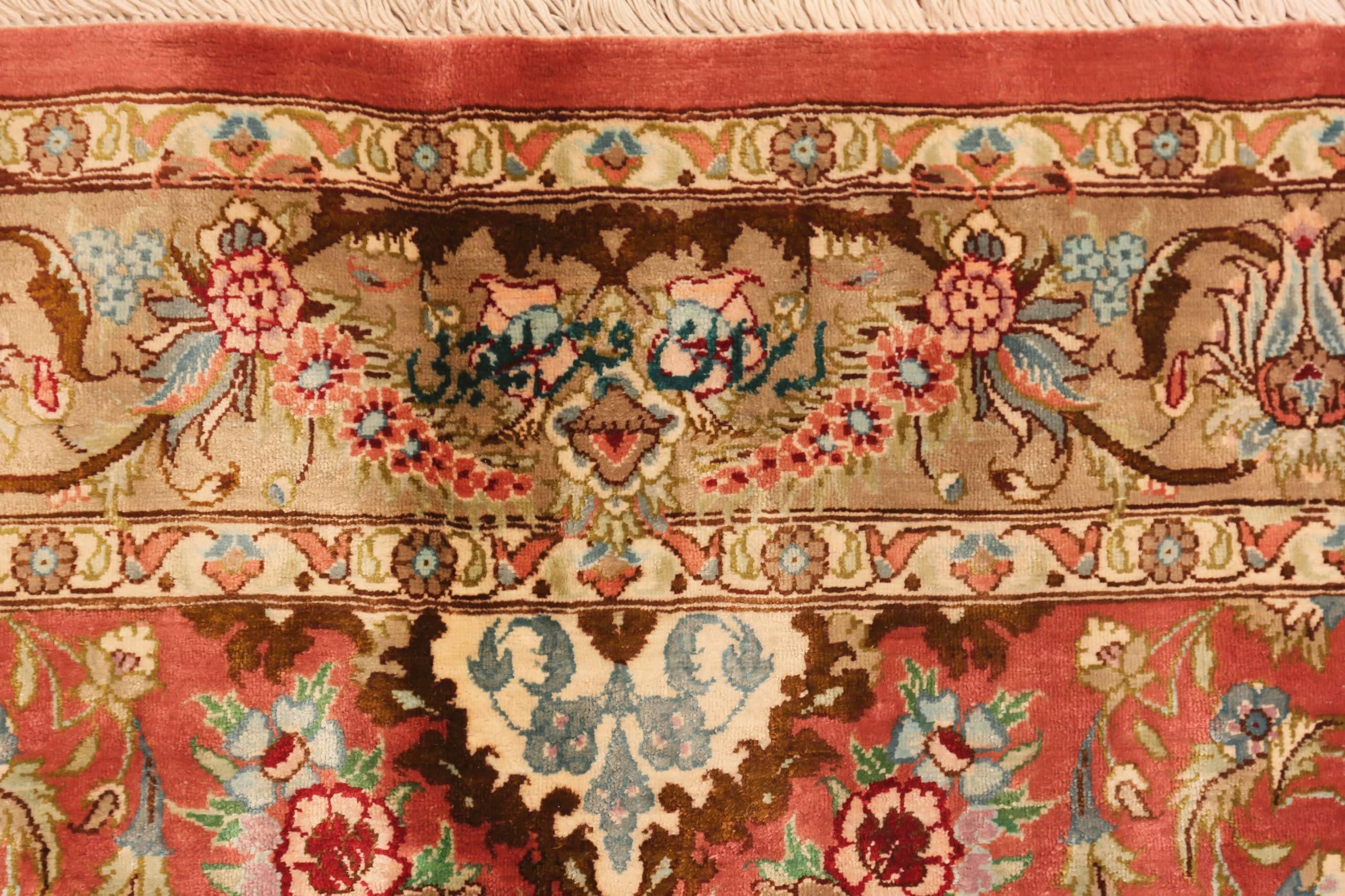 Breathtaking Fine Floral Medallion Vintage Persian Silk Qum Rug 9'9