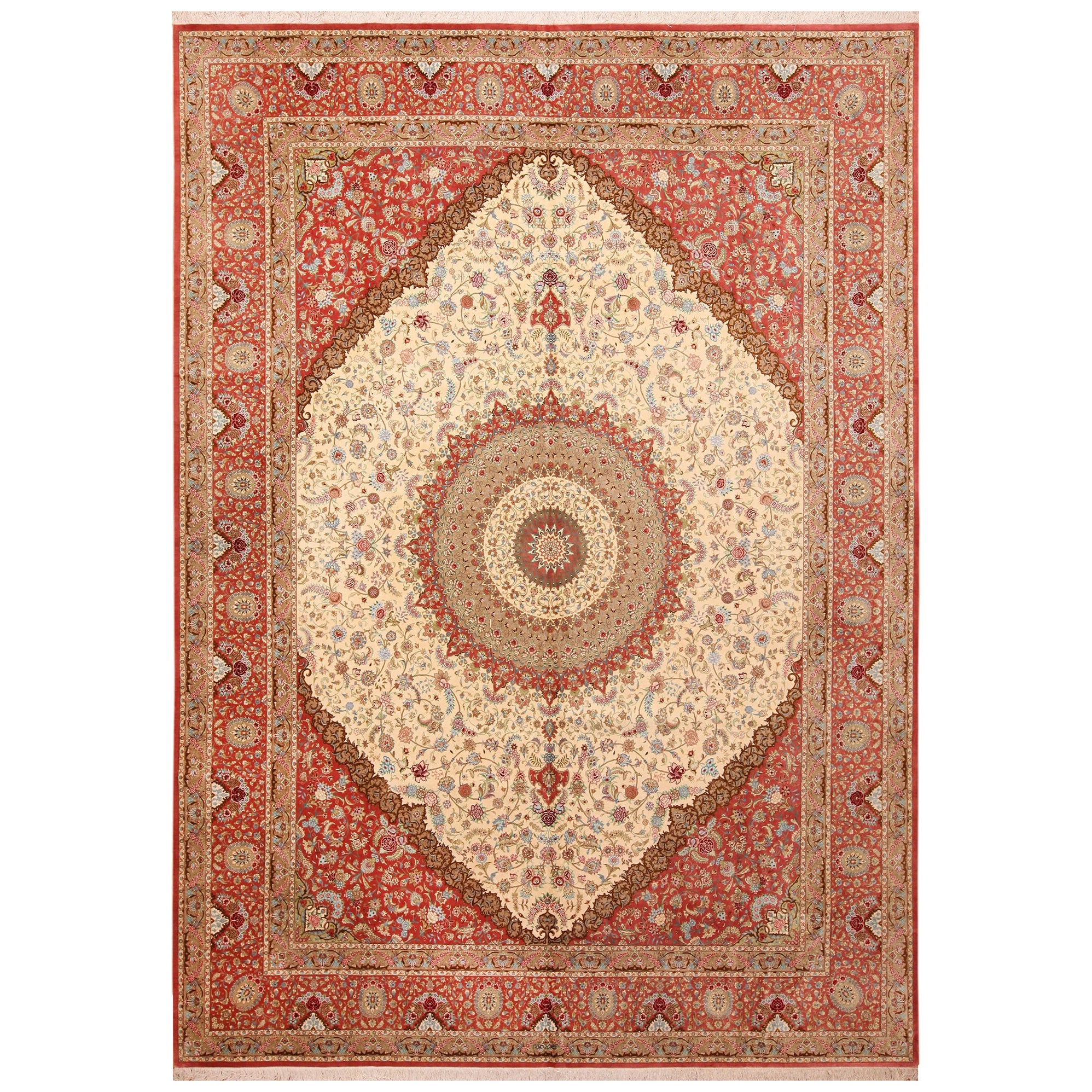 Tappeto Qum in seta persiana vintage con medaglioni floreali, mozzafiato, 9'9" x 13'5".