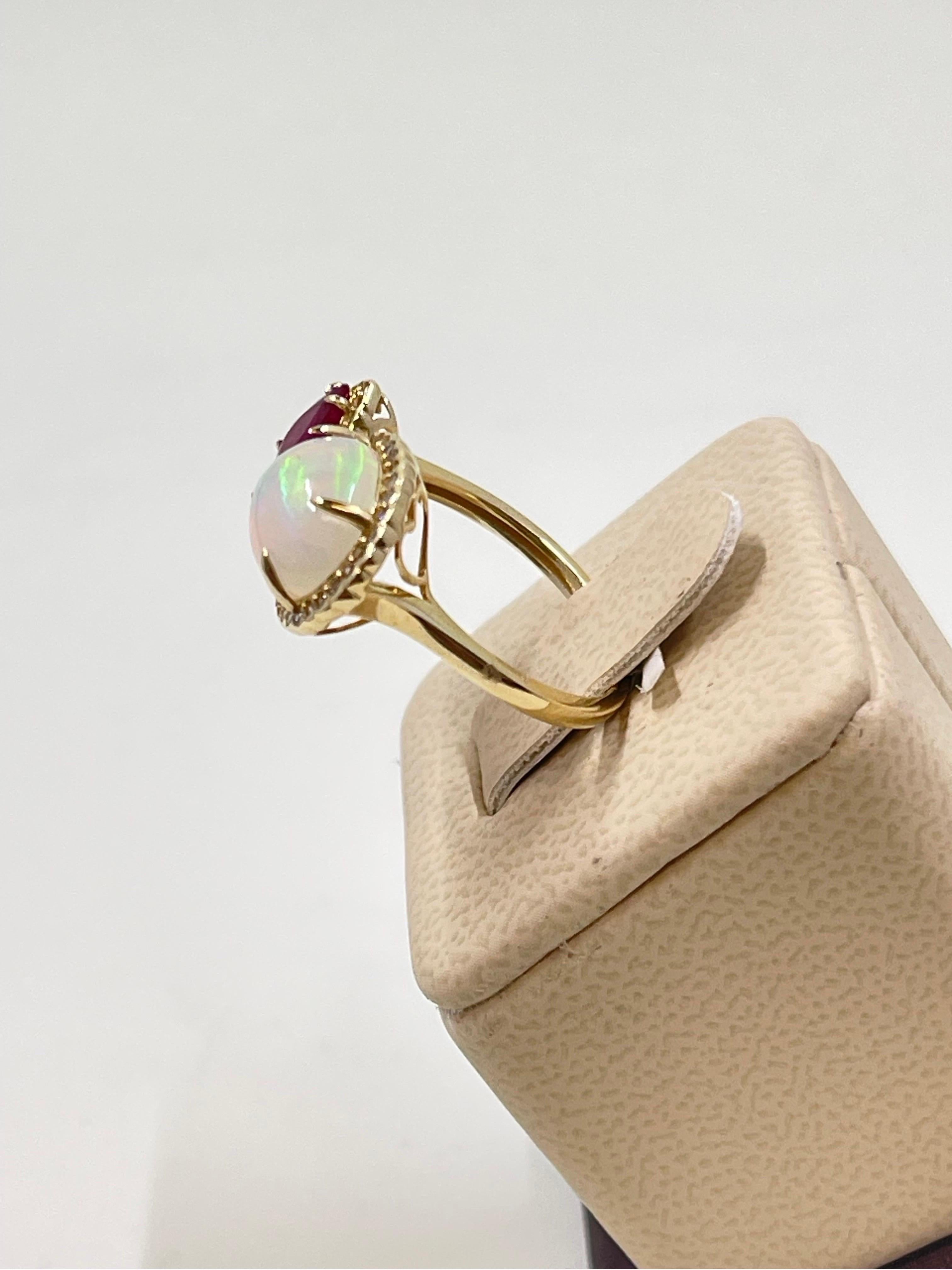 Modern Breathtaking Fire Opal, Ruby & Diamond Ring In 14k For Sale