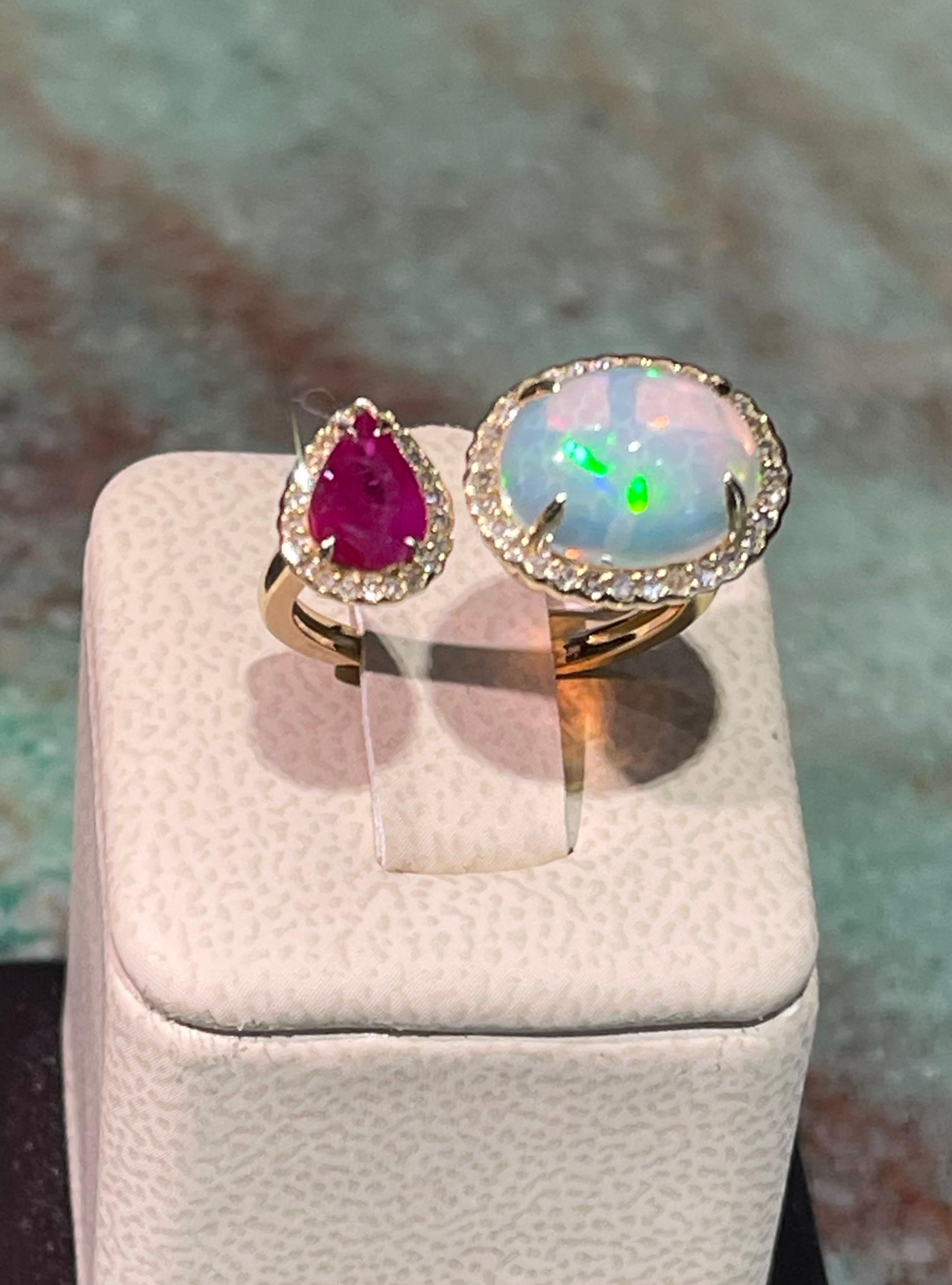 Oval Cut Breathtaking Fire Opal, Ruby & Diamond Ring In 14k For Sale