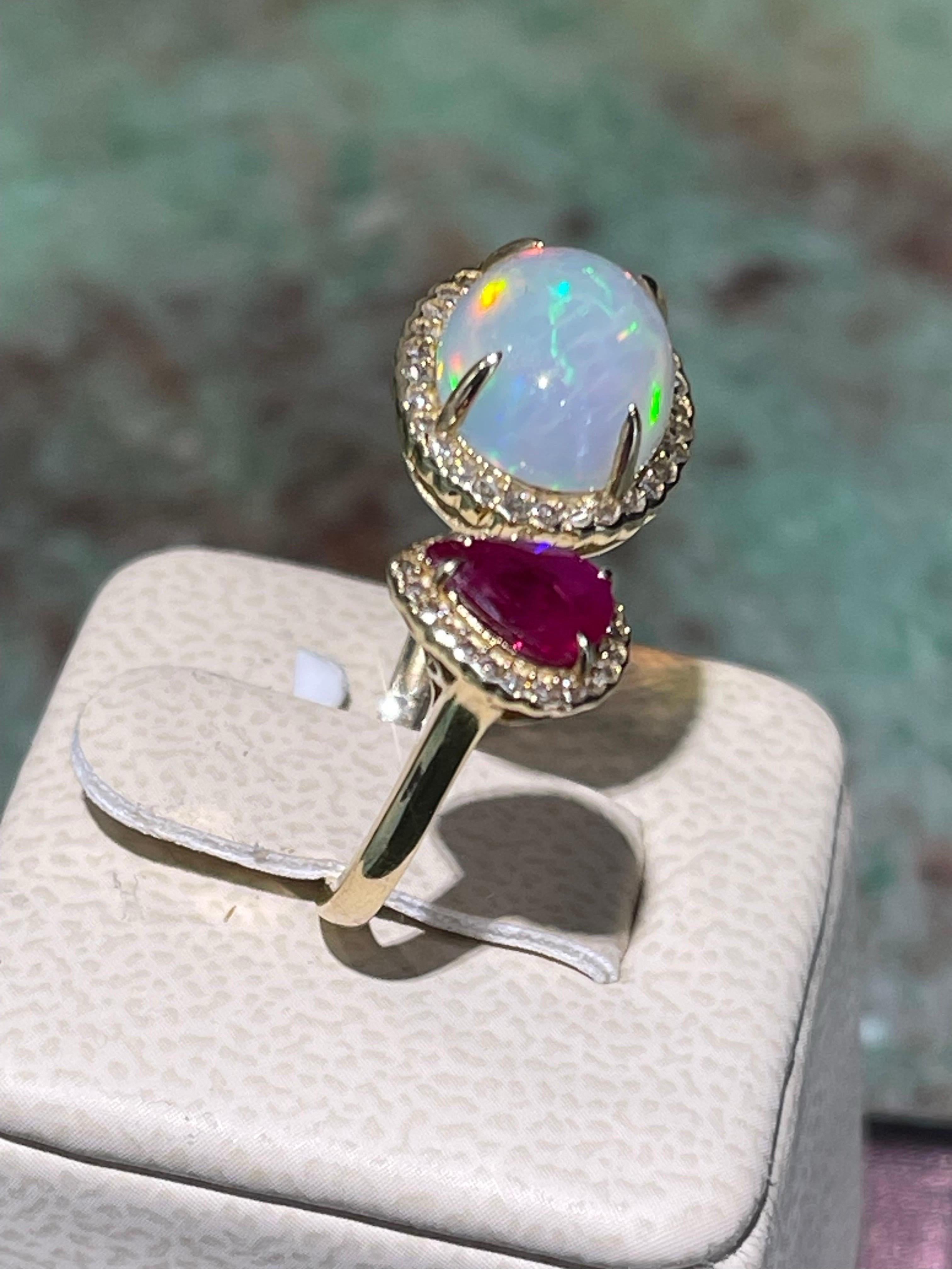 Breathtaking Fire Opal, Ruby & Diamond Ring In 14k In New Condition For Sale In Fort Lauderdale, FL