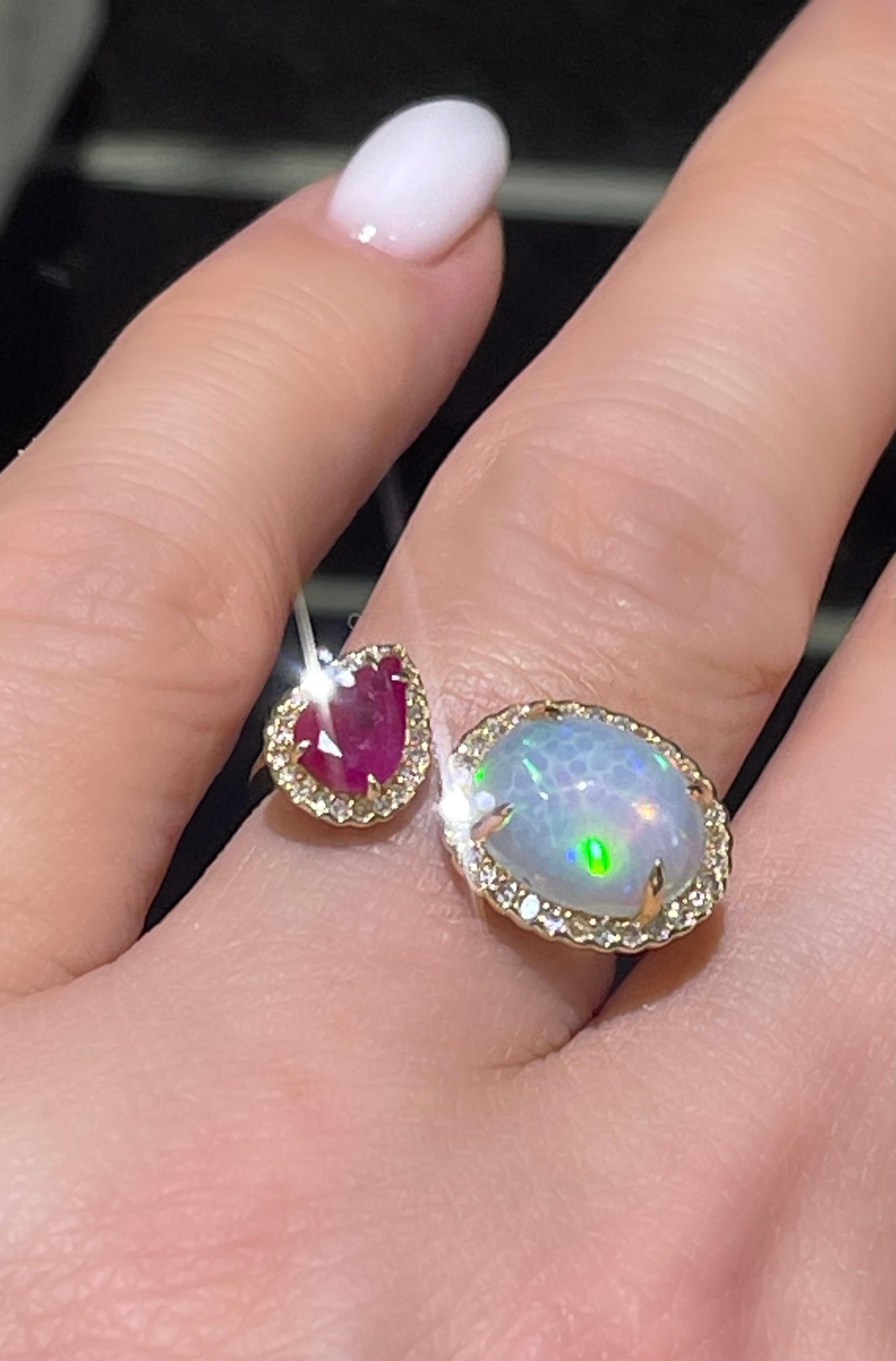 Breathtaking Fire Opal, Ruby & Diamond Ring In 14k For Sale 1