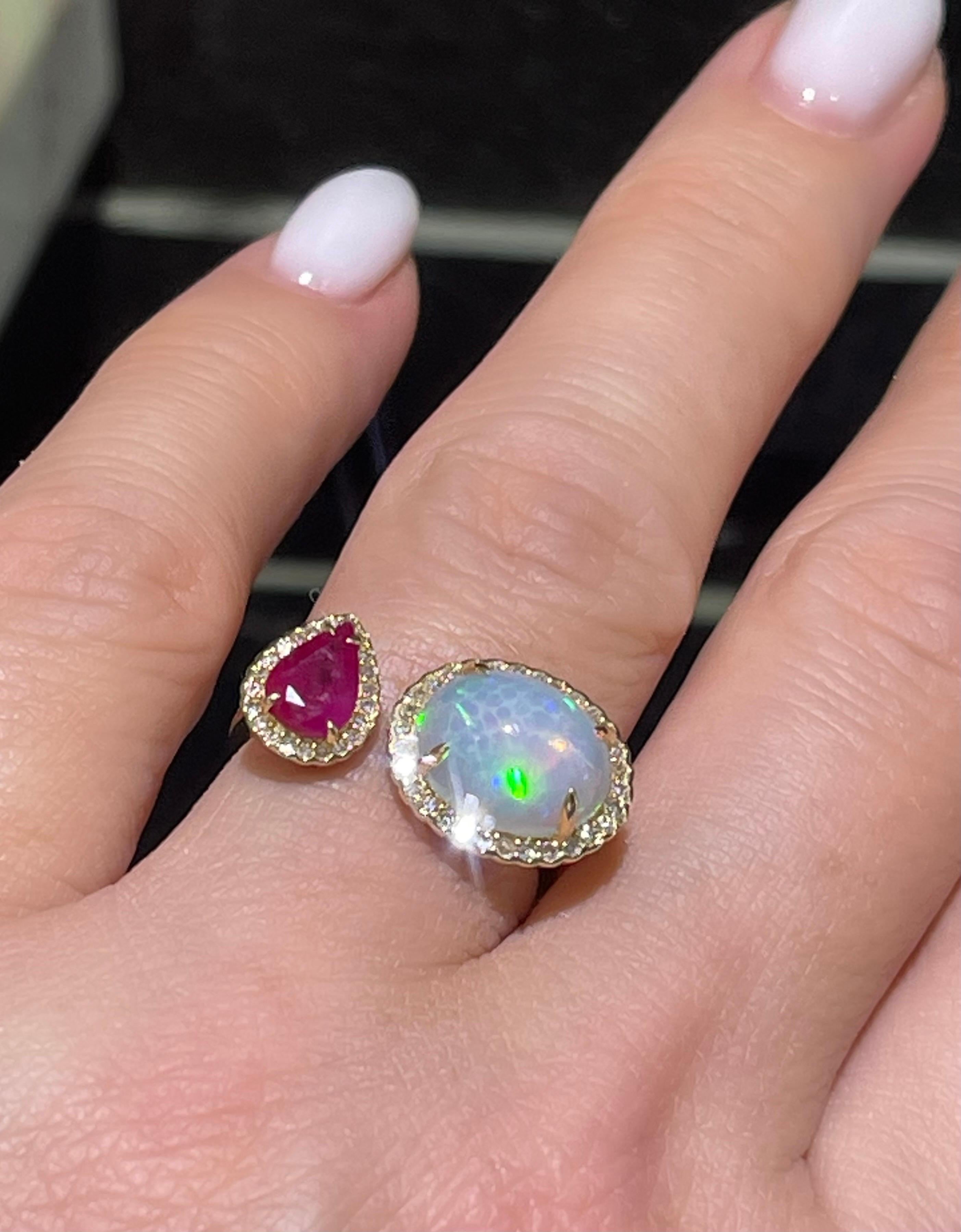 Breathtaking Fire Opal, Ruby & Diamond Ring In 14k For Sale 2