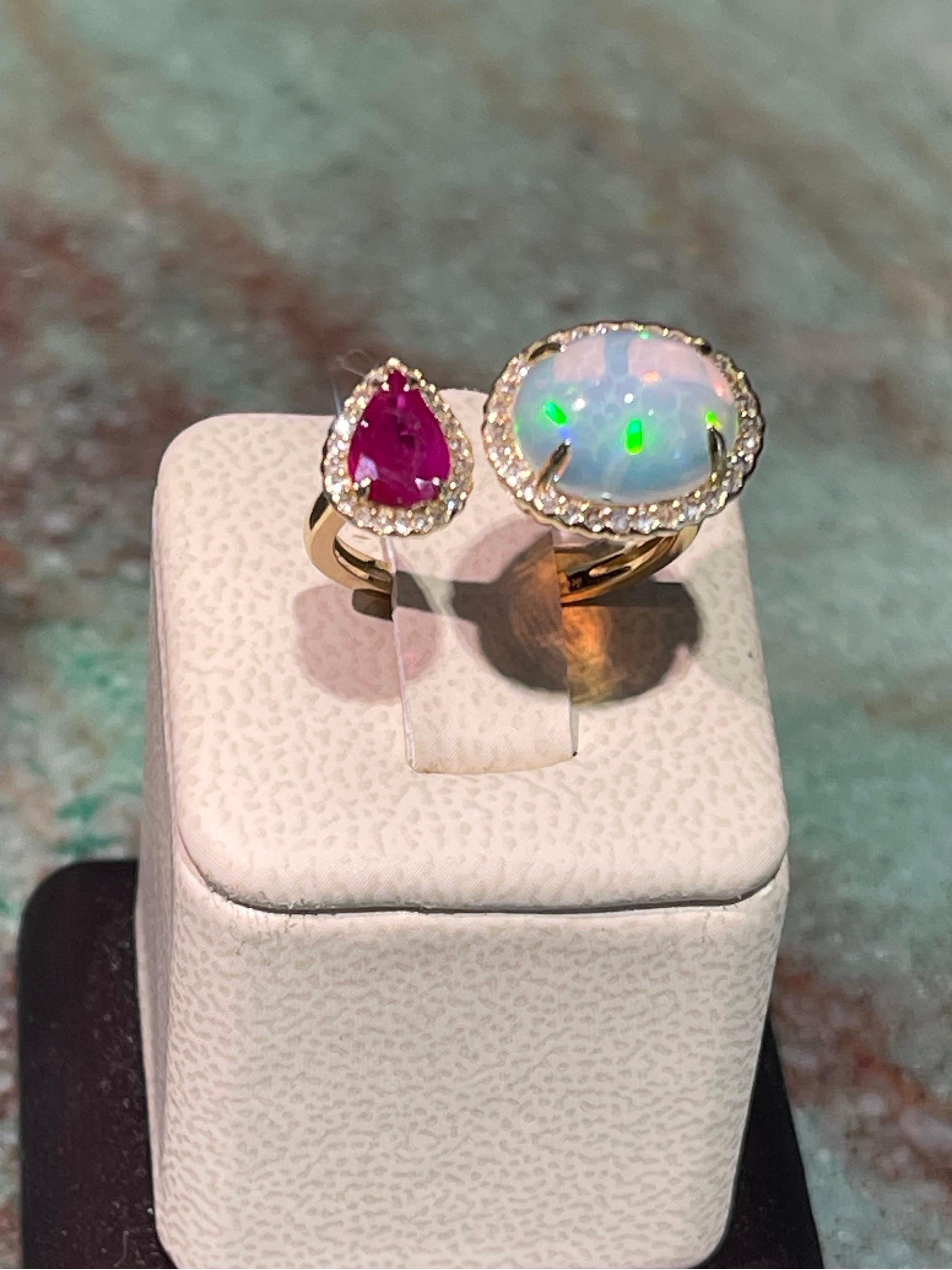 Breathtaking Fire Opal, Ruby & Diamond Ring In 14k For Sale 3
