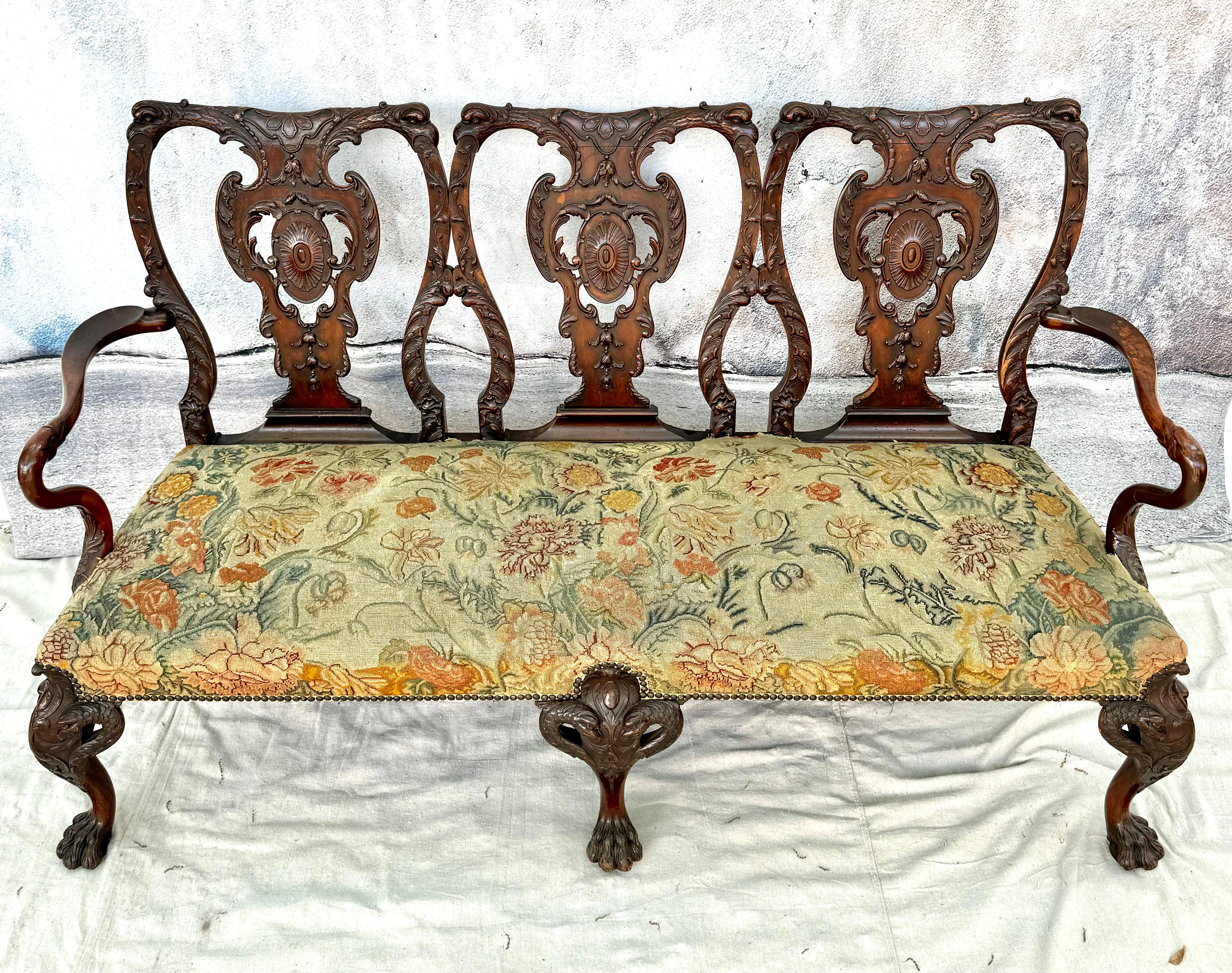 Breathtaking George II Style Carved Wood Settee with Needlepoint Upholstery For Sale 5