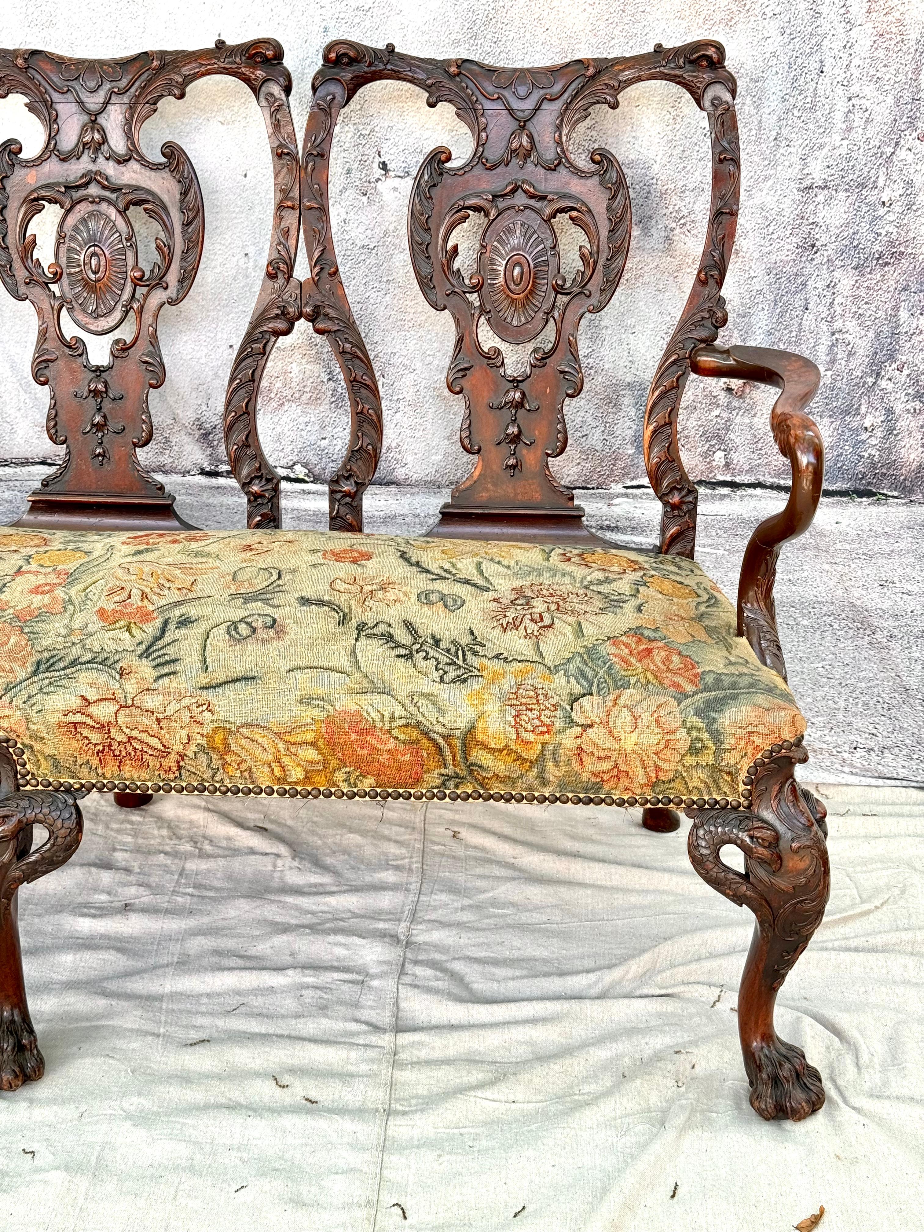 Breathtaking George II Style Carved Wood Settee with Needlepoint Upholstery For Sale 6