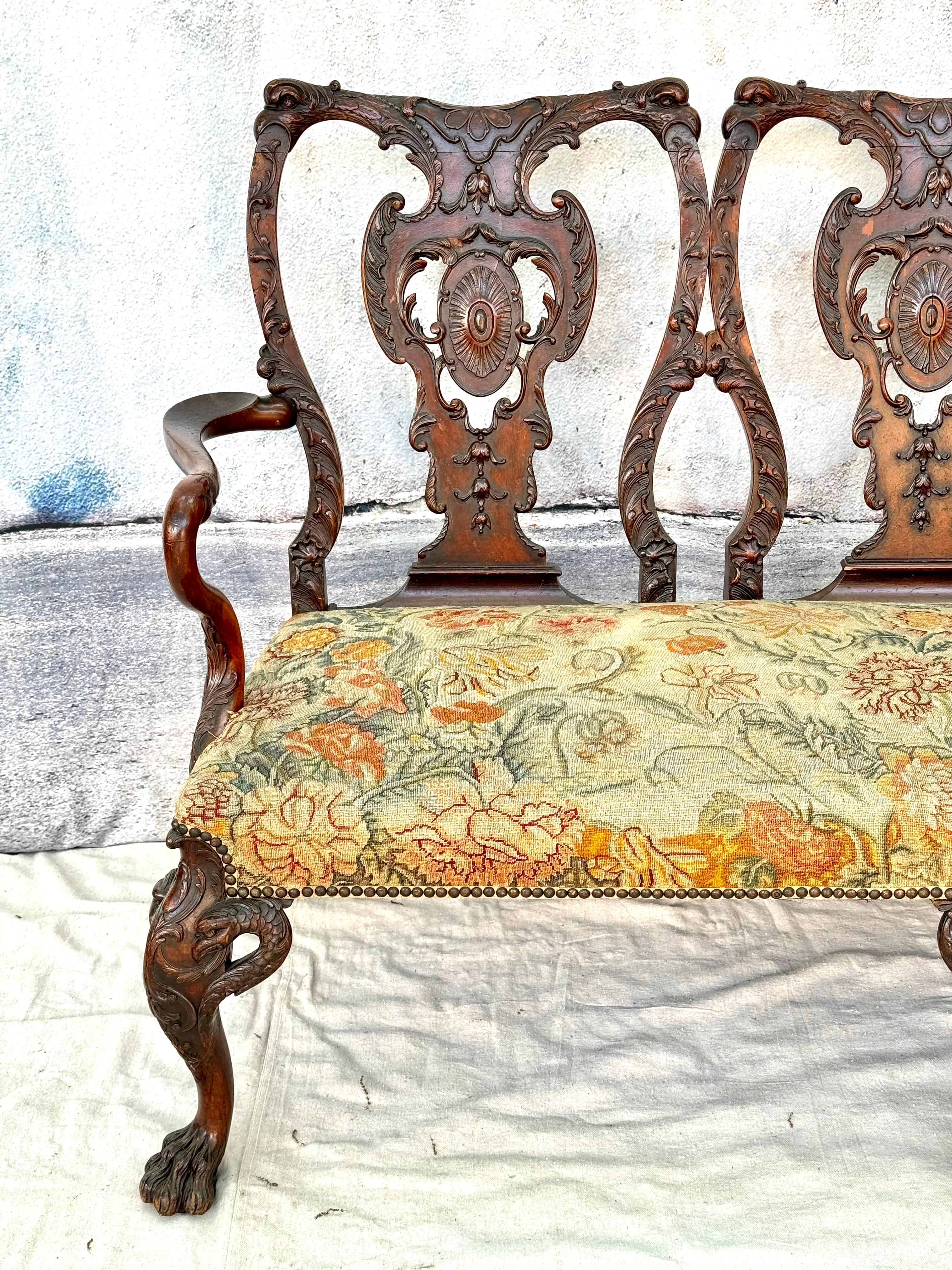 Breathtaking George II Style Carved Wood Settee with Needlepoint Upholstery For Sale 10