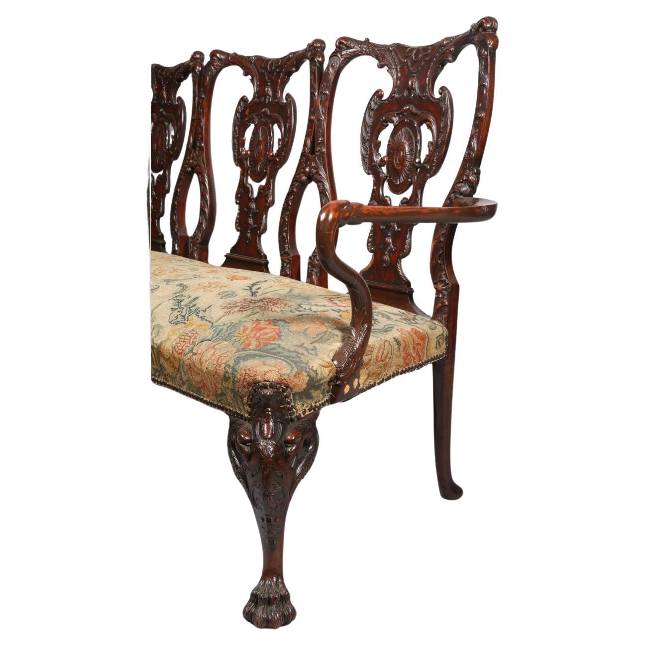 Breathtaking George II Style Carved Wood Settee with Needlepoint Upholstery In Good Condition For Sale In Bradenton, FL