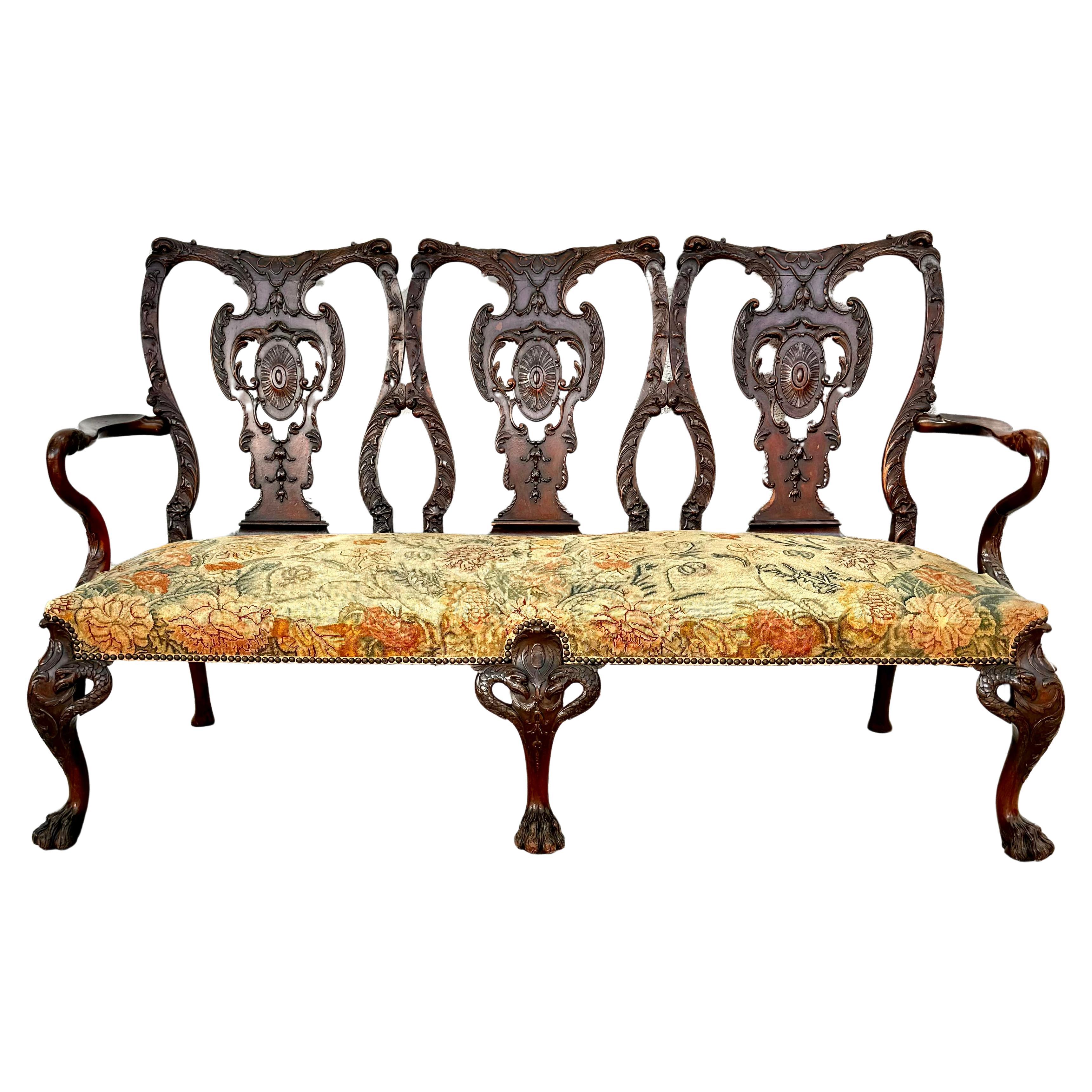 Breathtaking George II Style Carved Wood Settee with Needlepoint Upholstery