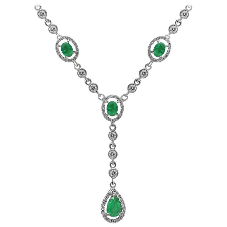 Breathtaking Green Emerald White Diamond White Gold Pendant Necklace