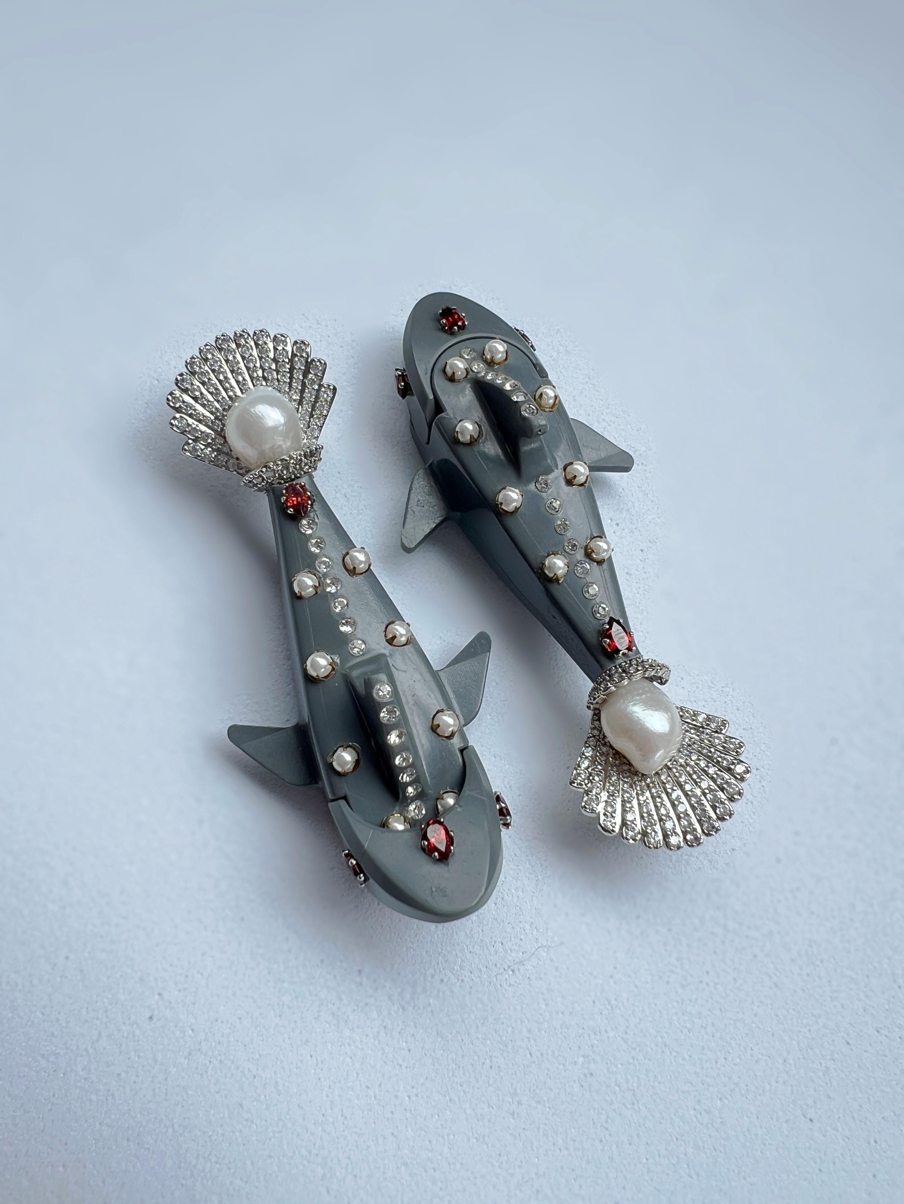 Artist Breathtaking Lego shark, pearl and natural Garnet earrings. For Sale
