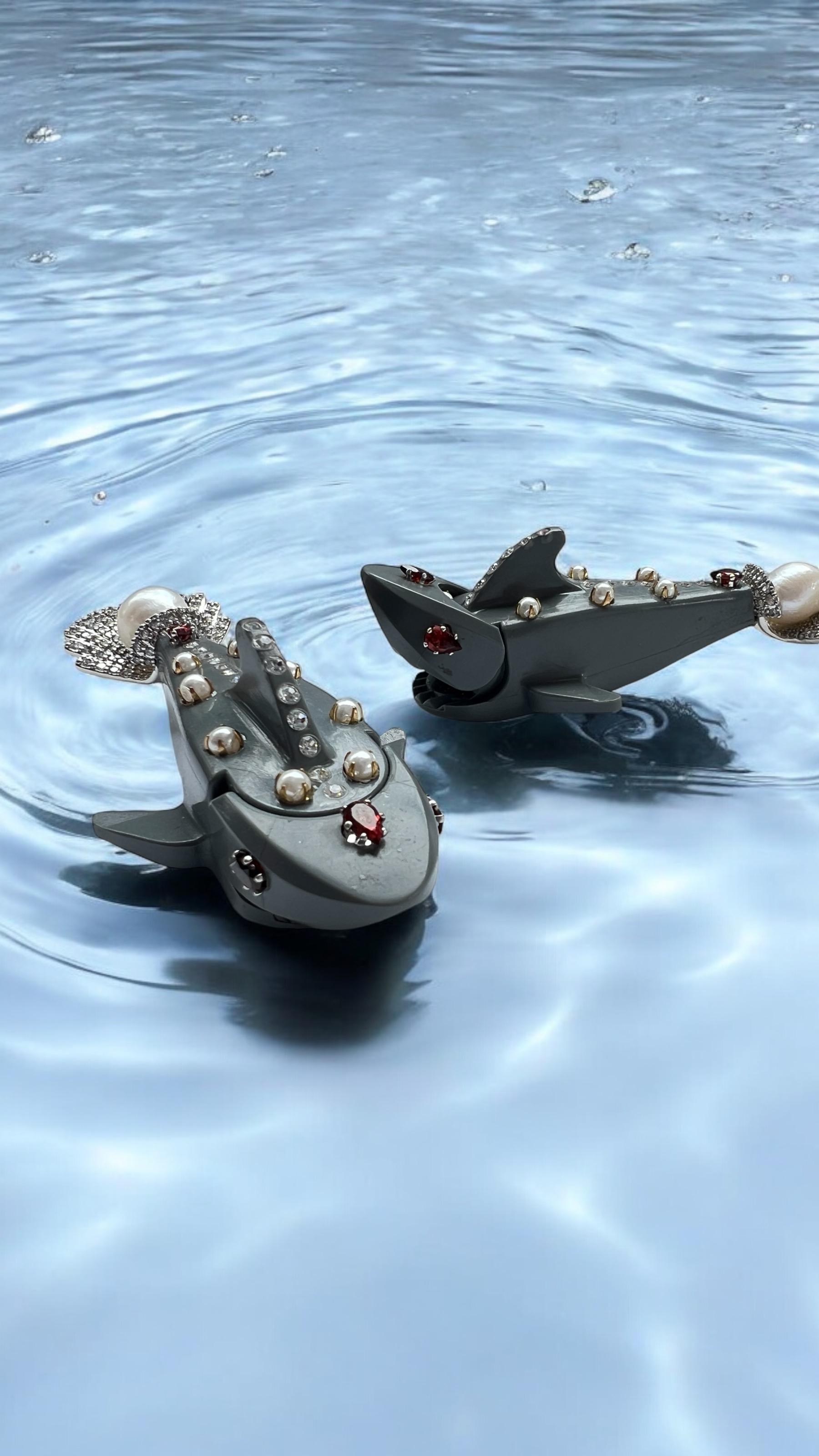 Brilliant Cut Breathtaking Lego shark, pearl and natural Garnet earrings. For Sale