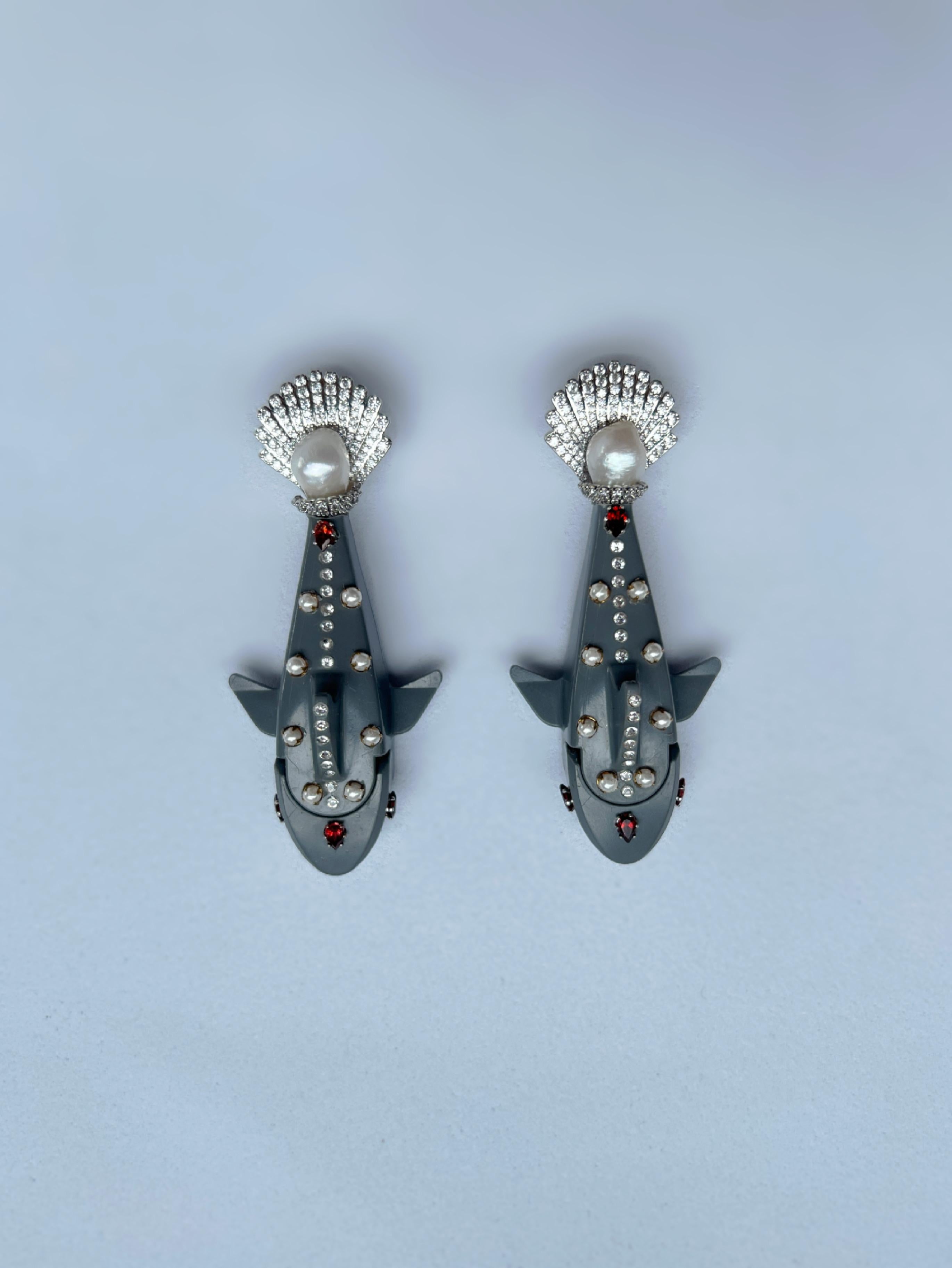 Women's or Men's Breathtaking Lego shark, pearl and natural Garnet earrings. For Sale