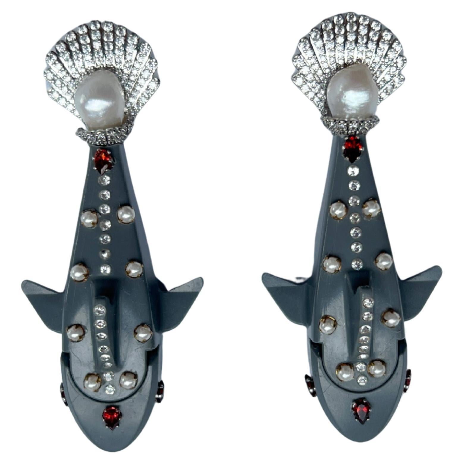 Breathtaking Lego shark, pearl and natural Garnet earrings. For Sale
